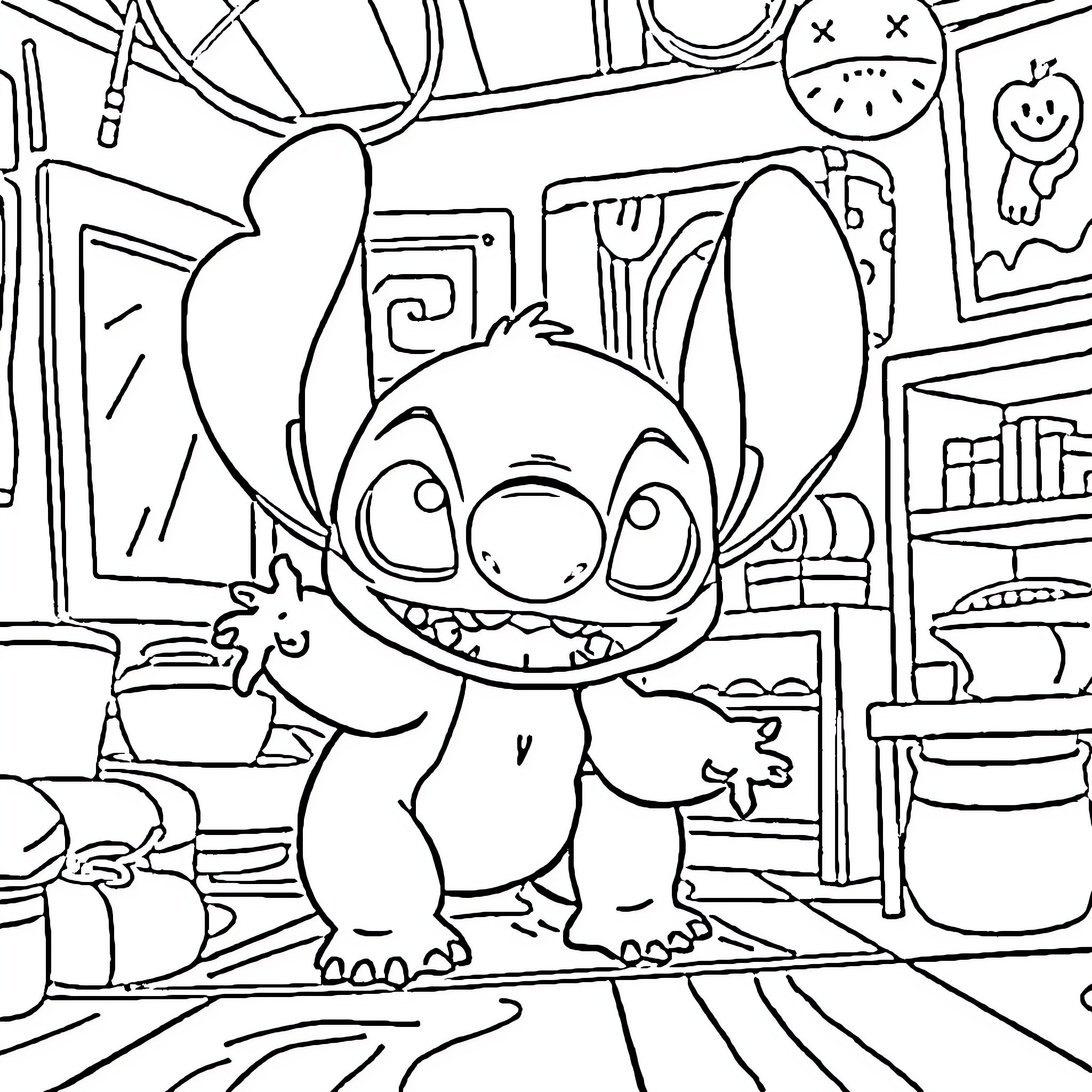 Stitch explores a quirky, cluttered room Coloring Page (free black-and-white line drawing printable PDF for all, from beginners to advanced learners, including children, teens, adults, and seniors)