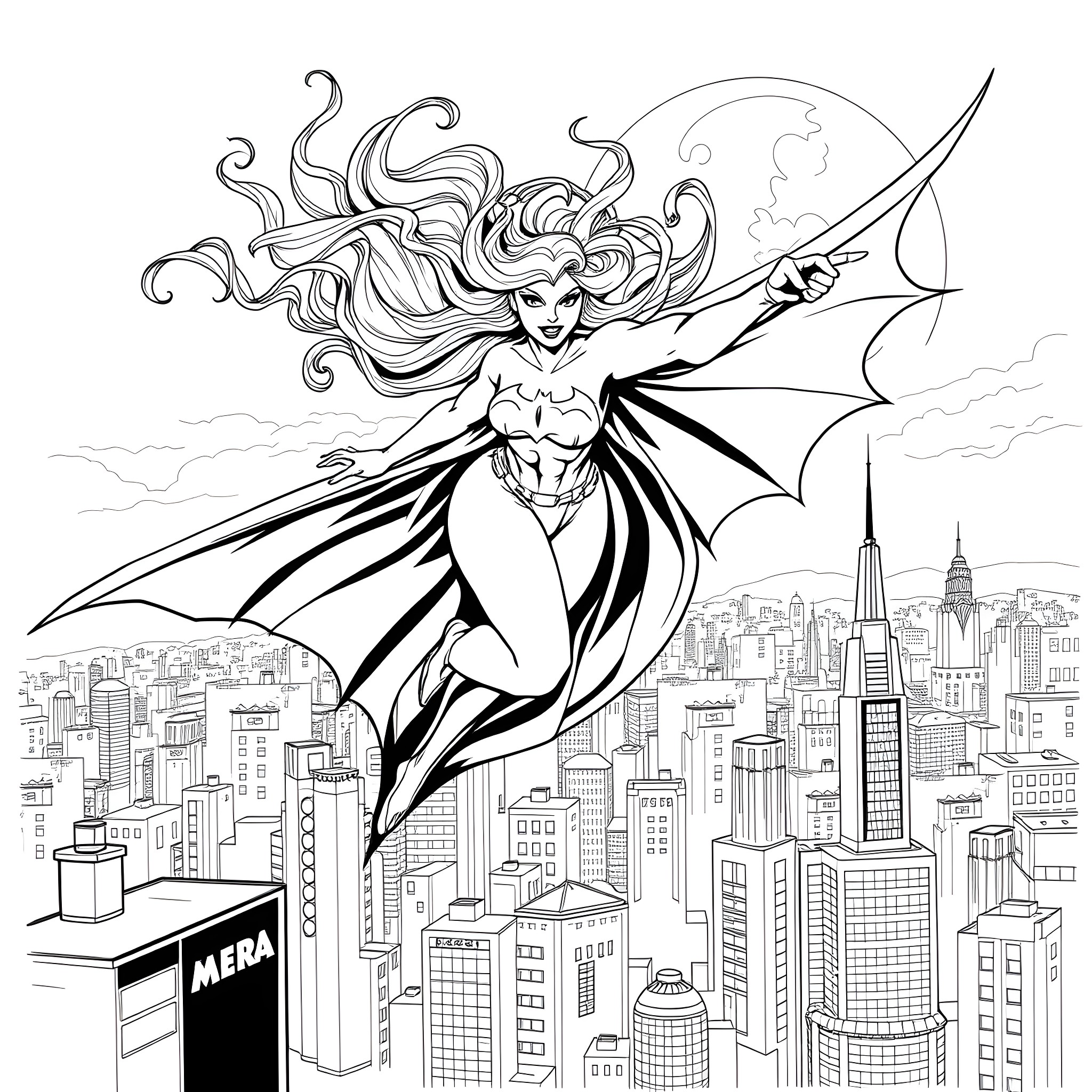 Medusa's Mystical Flight over the City Coloring Page (free black-and-white line drawing printable PDF for all, from beginners to advanced learners, including children, teens, adults, and seniors)