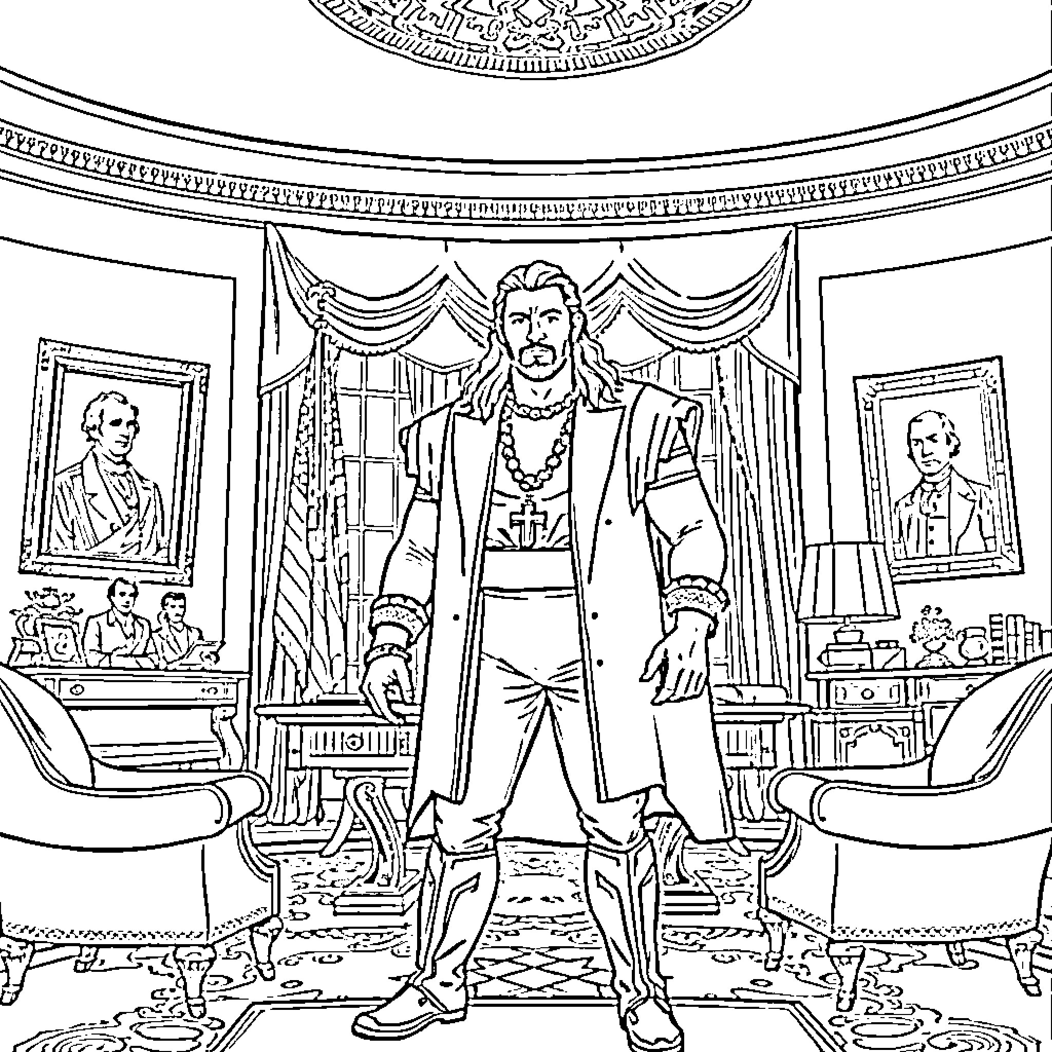 Roman Reigns in an ornate throne room setting Coloring Page (free black-and-white line drawing printable PDF for all, from beginners to advanced learners, including children, teens, adults, and seniors)