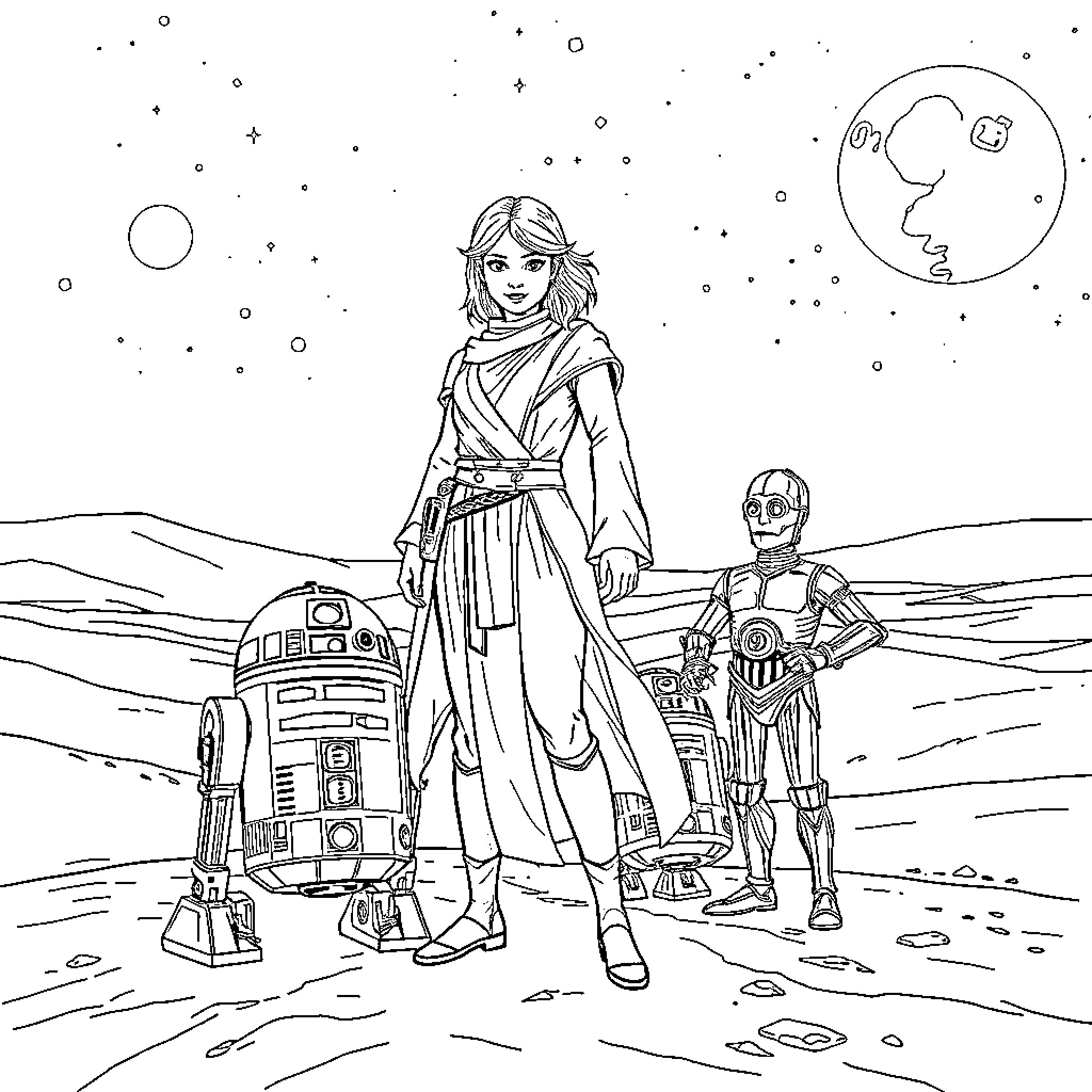 Jedi heroes on a distant planet Coloring Page (free black-and-white line drawing printable PDF for all, from beginners to advanced learners, including children, teens, adults, and seniors)