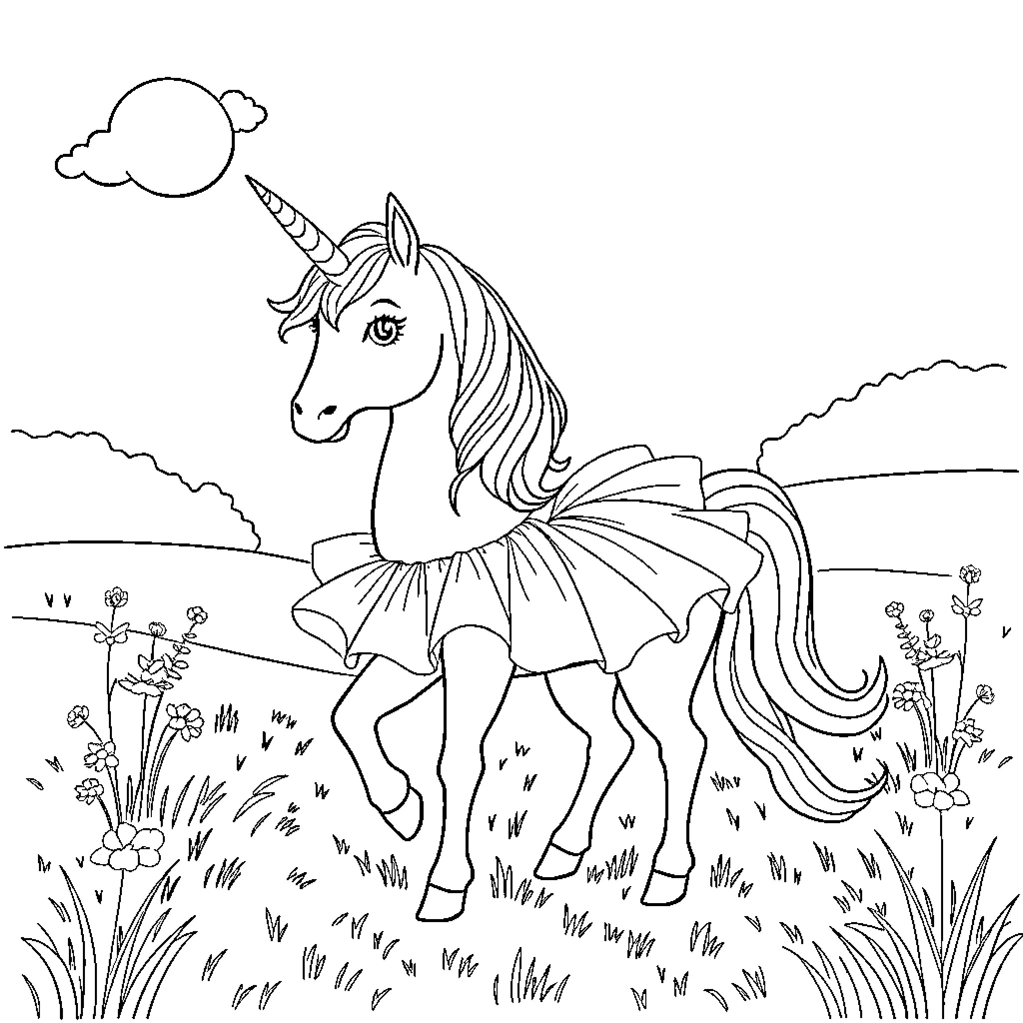 Unicorn frolicking in a magical meadow Coloring Page (free black-and-white line drawing printable PDF for all, from beginners to advanced learners, including children, teens, adults, and seniors)