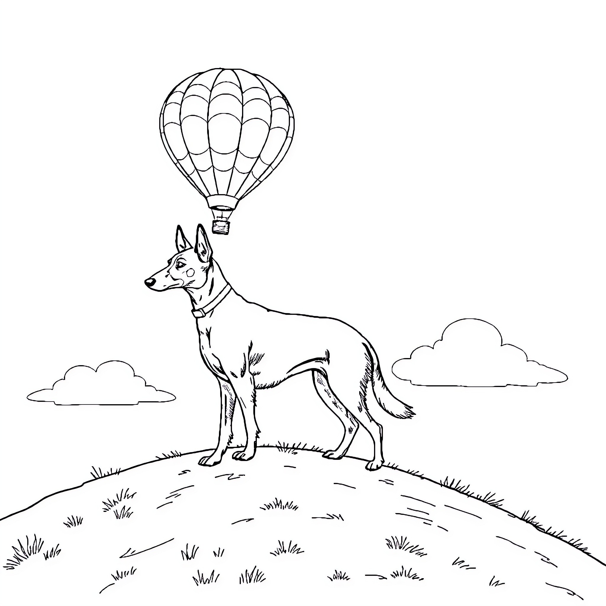 Podenco dog enjoying the scenic view with a hot air balloon Coloring Page (free black-and-white line drawing printable PDF for all, from beginners to advanced learners, including children, teens, adults, and seniors)