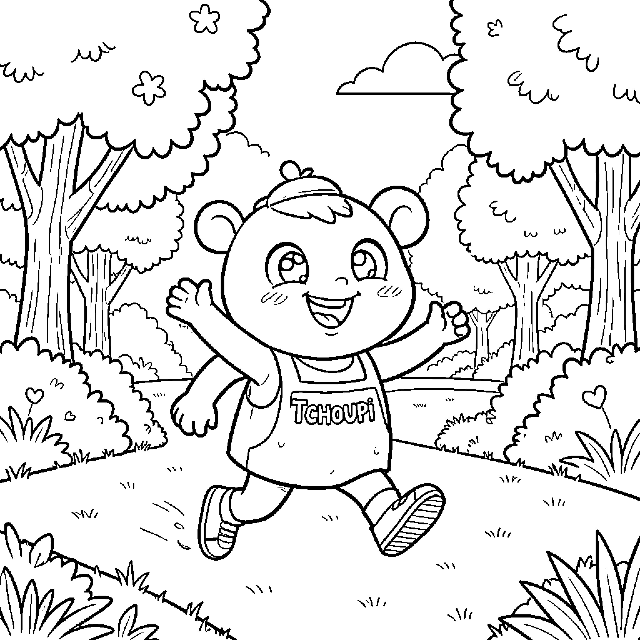 Tchoupi running joyfully through a forest path Coloring Page (free black-and-white line drawing printable PDF for all, from beginners to advanced learners, including children, teens, adults, and seniors)