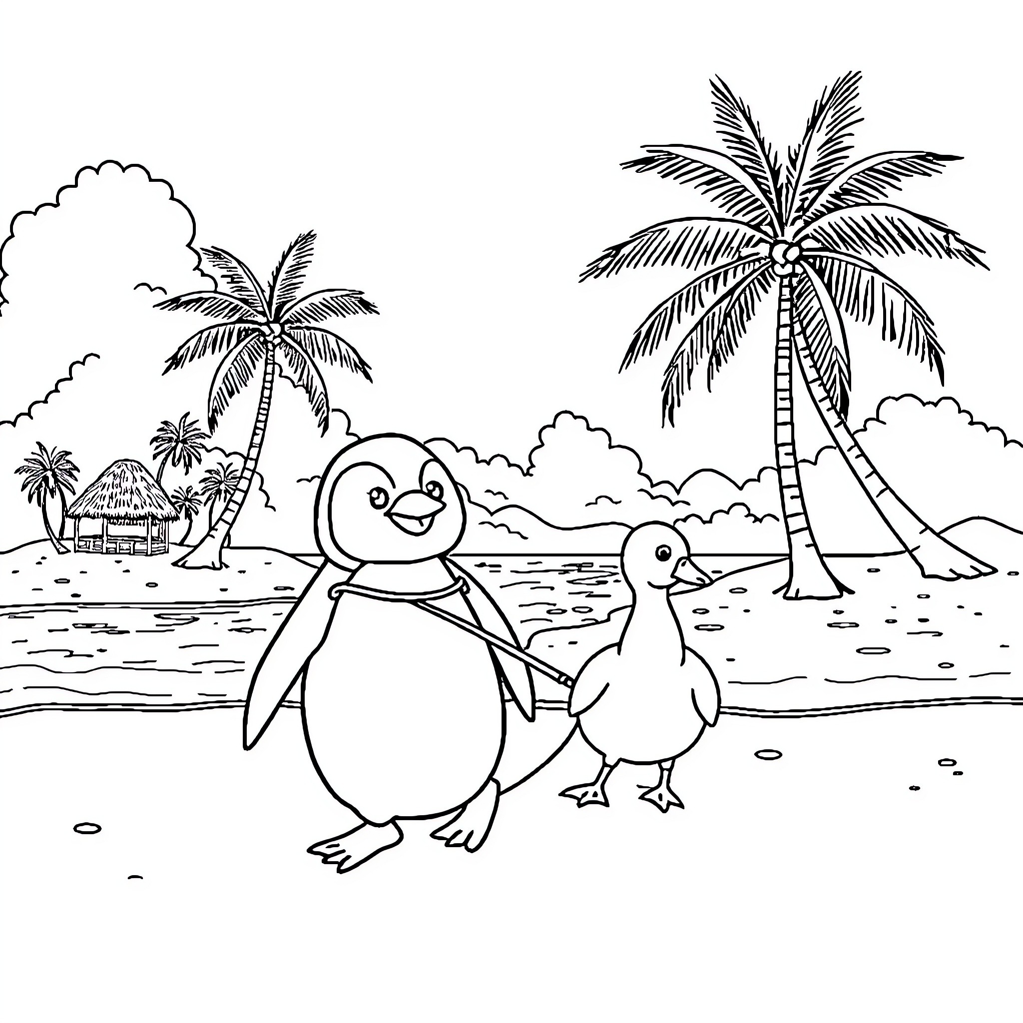 Penguins frolicking on a tropical beach Coloring Page (free black-and-white line drawing printable PDF for all, from beginners to advanced learners, including children, teens, adults, and seniors)