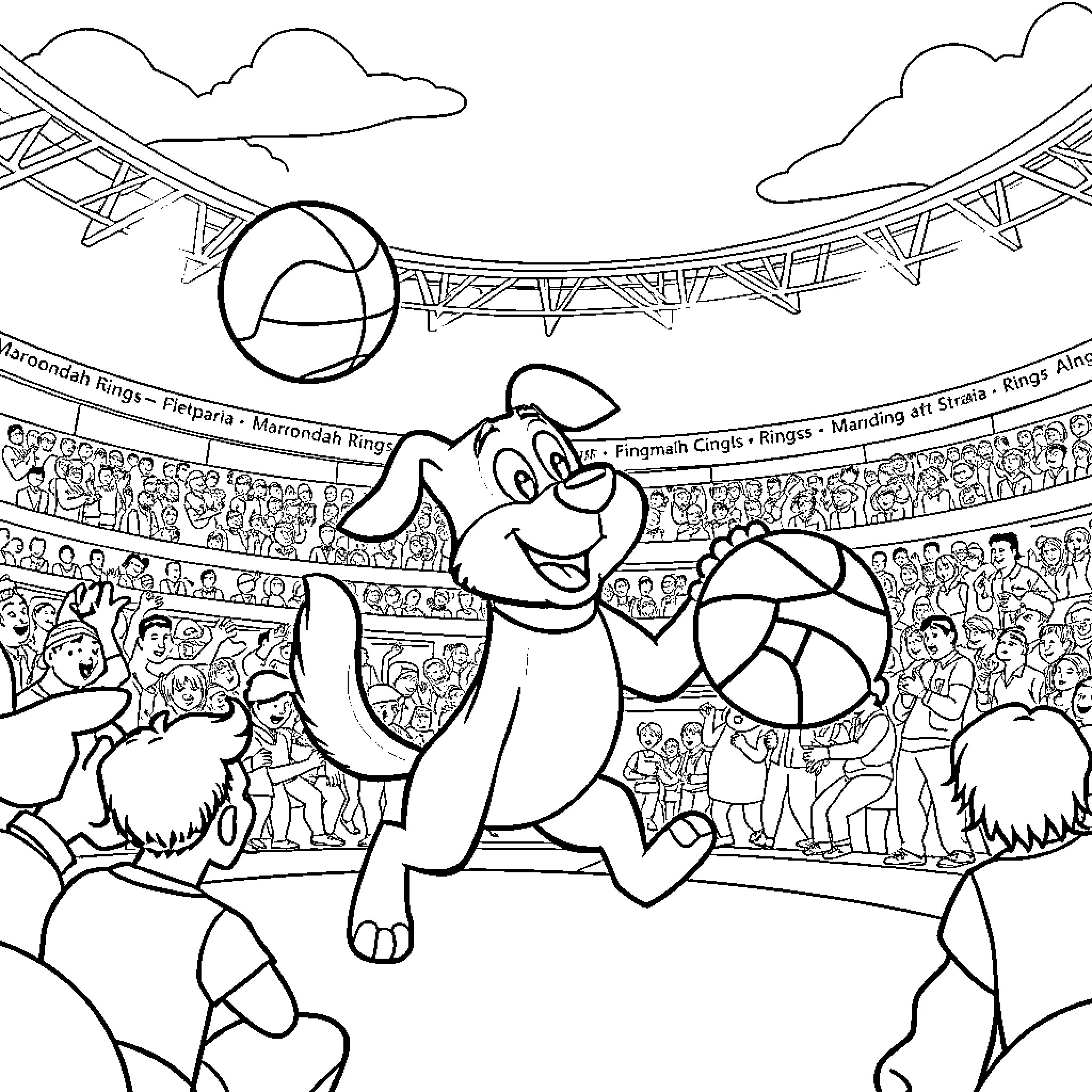 Bluey playing joyfully in a lively sports stadium Coloring Page (free black-and-white line drawing printable PDF for all, from beginners to advanced learners, including children, teens, adults, and seniors)