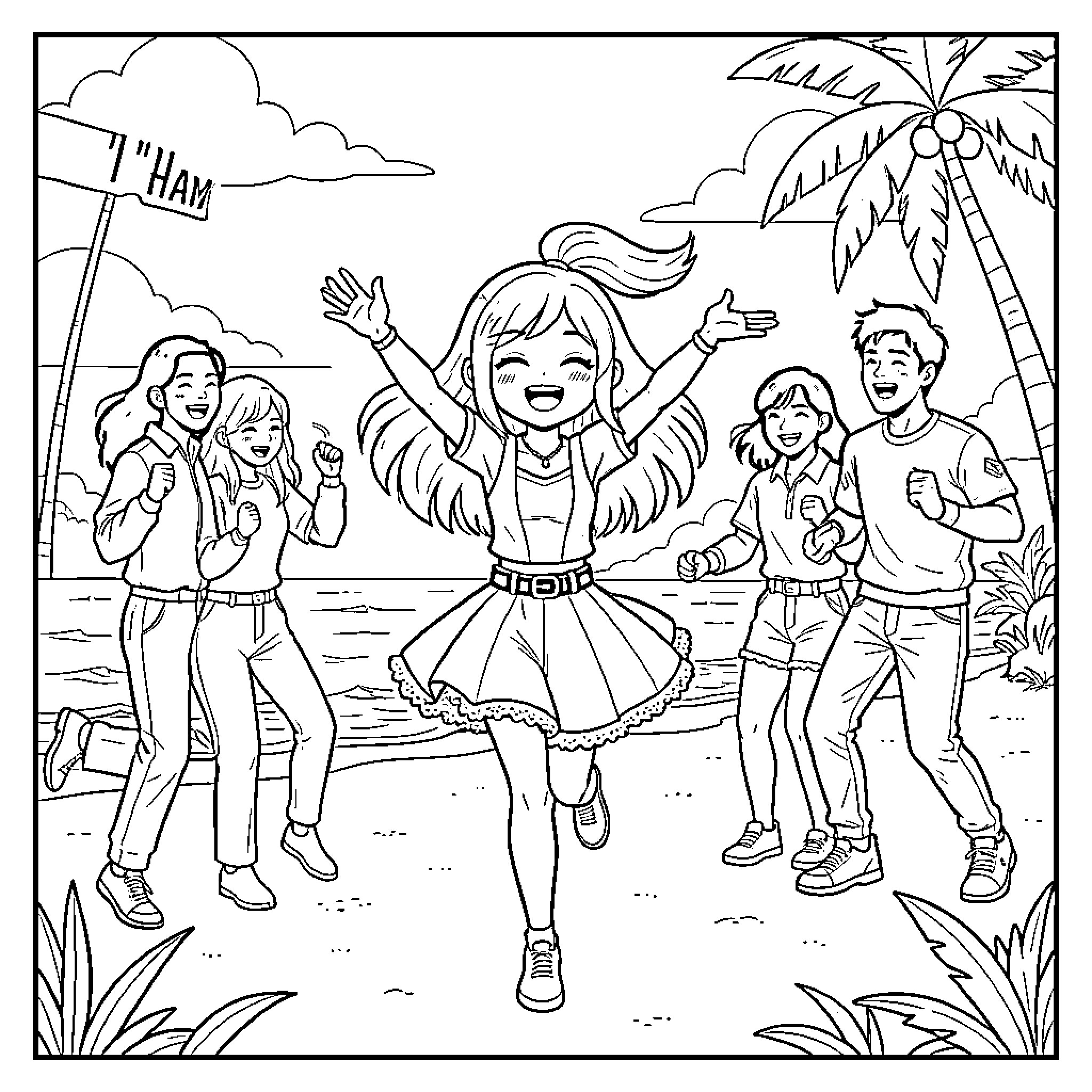 KORUMI characters dancing joyfully on a tropical beach Coloring Page (free black-and-white line drawing printable PDF for all, from beginners to advanced learners, including children, teens, adults, and seniors)