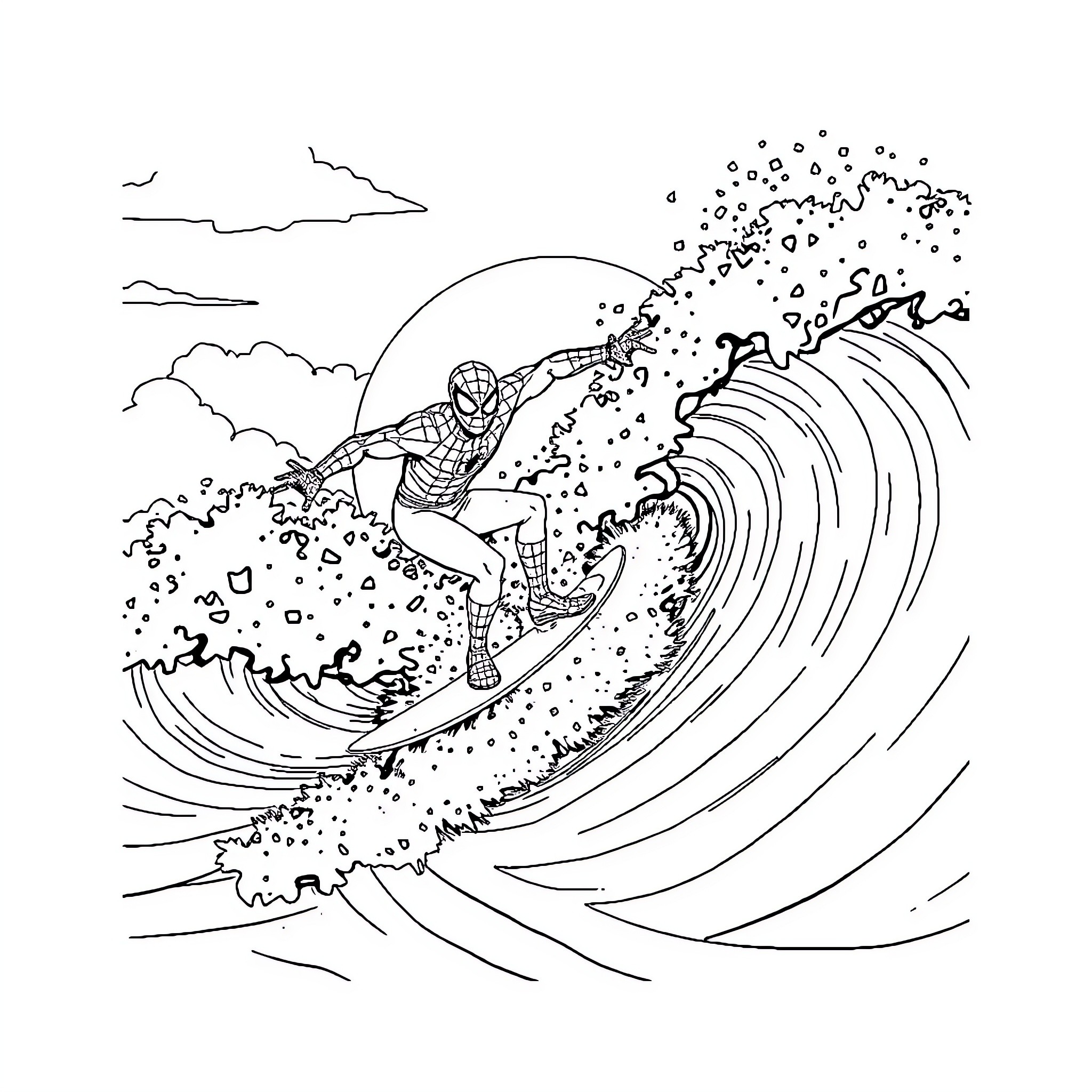Spiderman surfing a giant wave Coloring Page (free black-and-white line drawing printable PDF for all, from beginners to advanced learners, including children, teens, adults, and seniors)