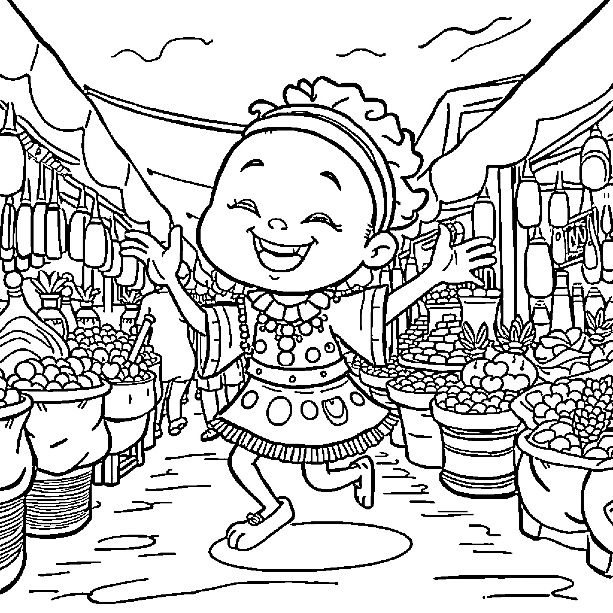 Labubu's Joyful Stroll Through the Lively Marketplace Coloring Page (free black-and-white line drawing printable PDF for all, from beginners to advanced learners, including children, teens, adults, and seniors)