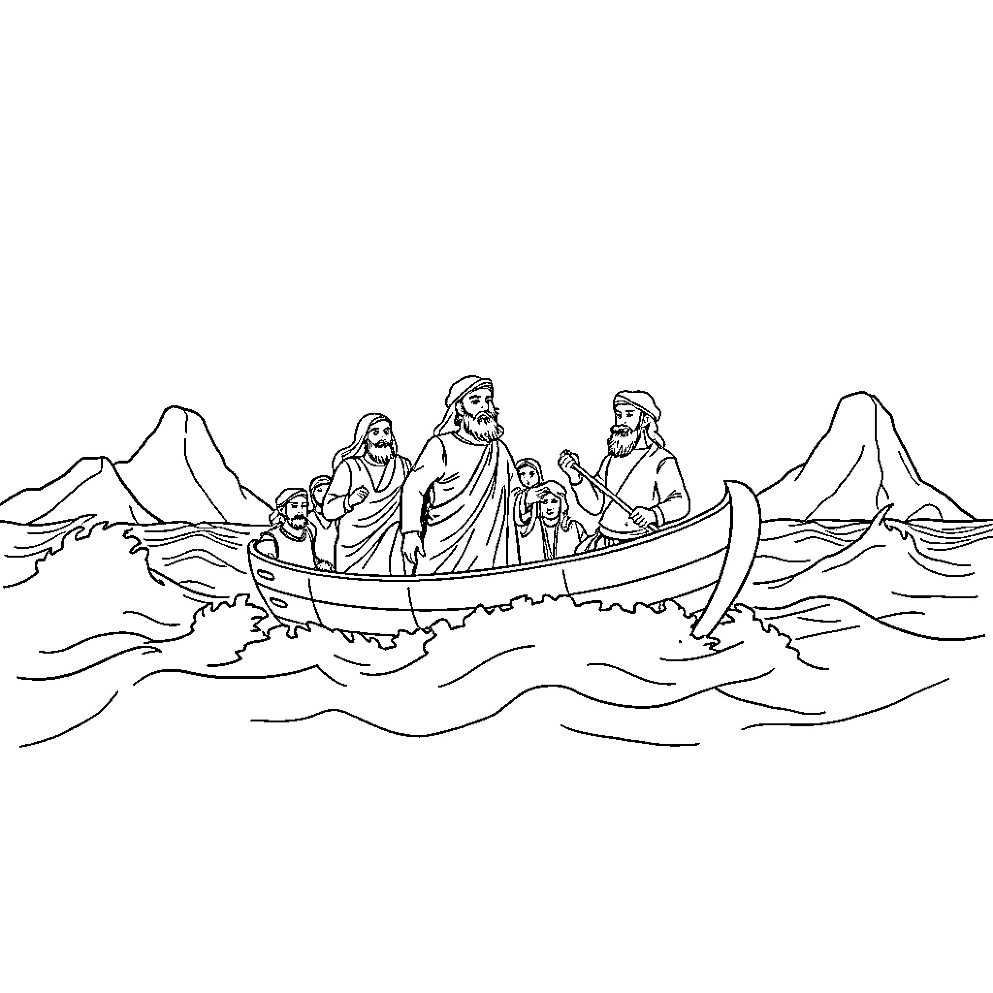 Moses and Followers Crossing the Parted Sea Coloring Page (free black-and-white line drawing printable PDF for all, from beginners to advanced learners, including children, teens, adults, and seniors)