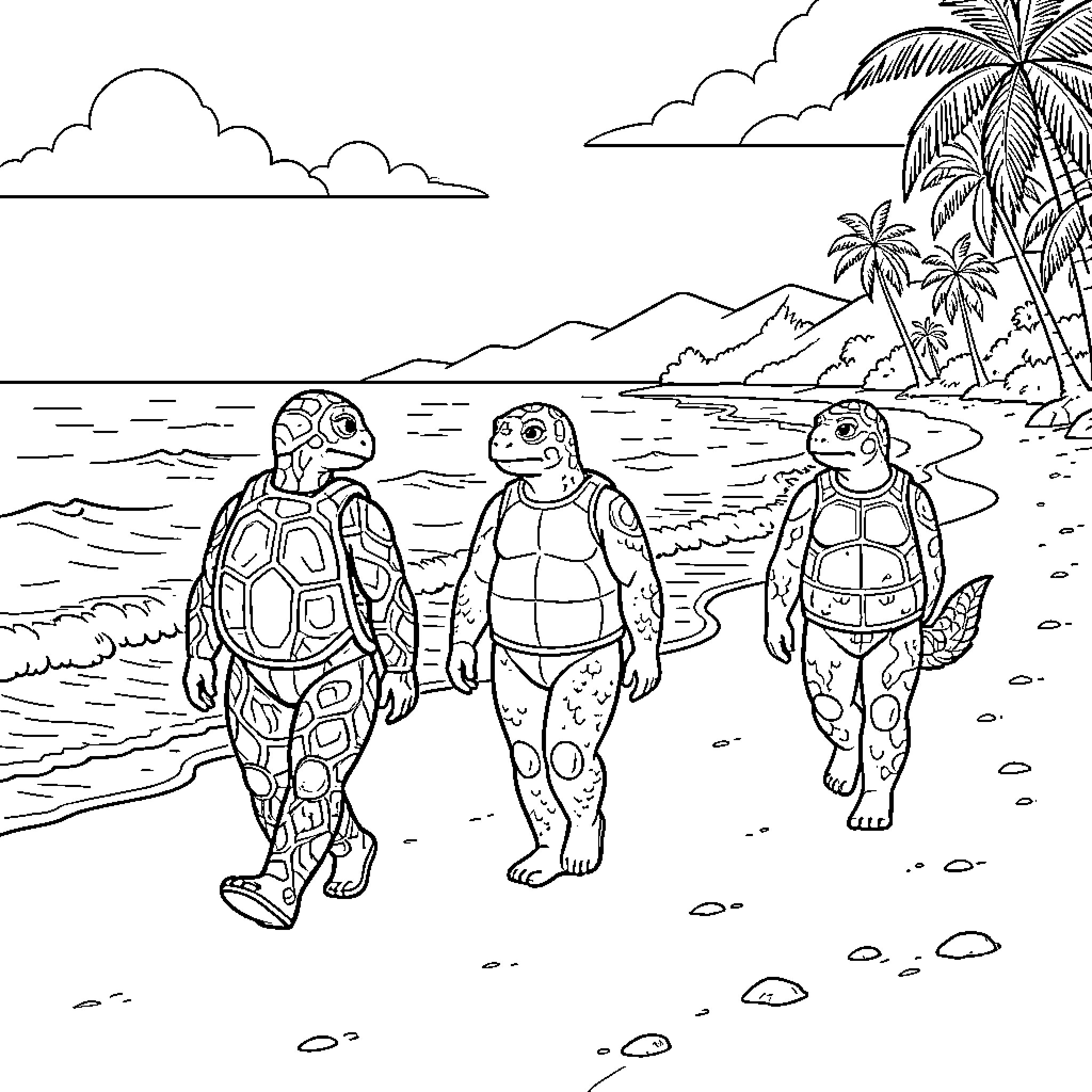 Human Tortoise enjoying tropical beach scenery Coloring Page (free black-and-white line drawing printable PDF for all, from beginners to advanced learners, including children, teens, adults, and seniors)