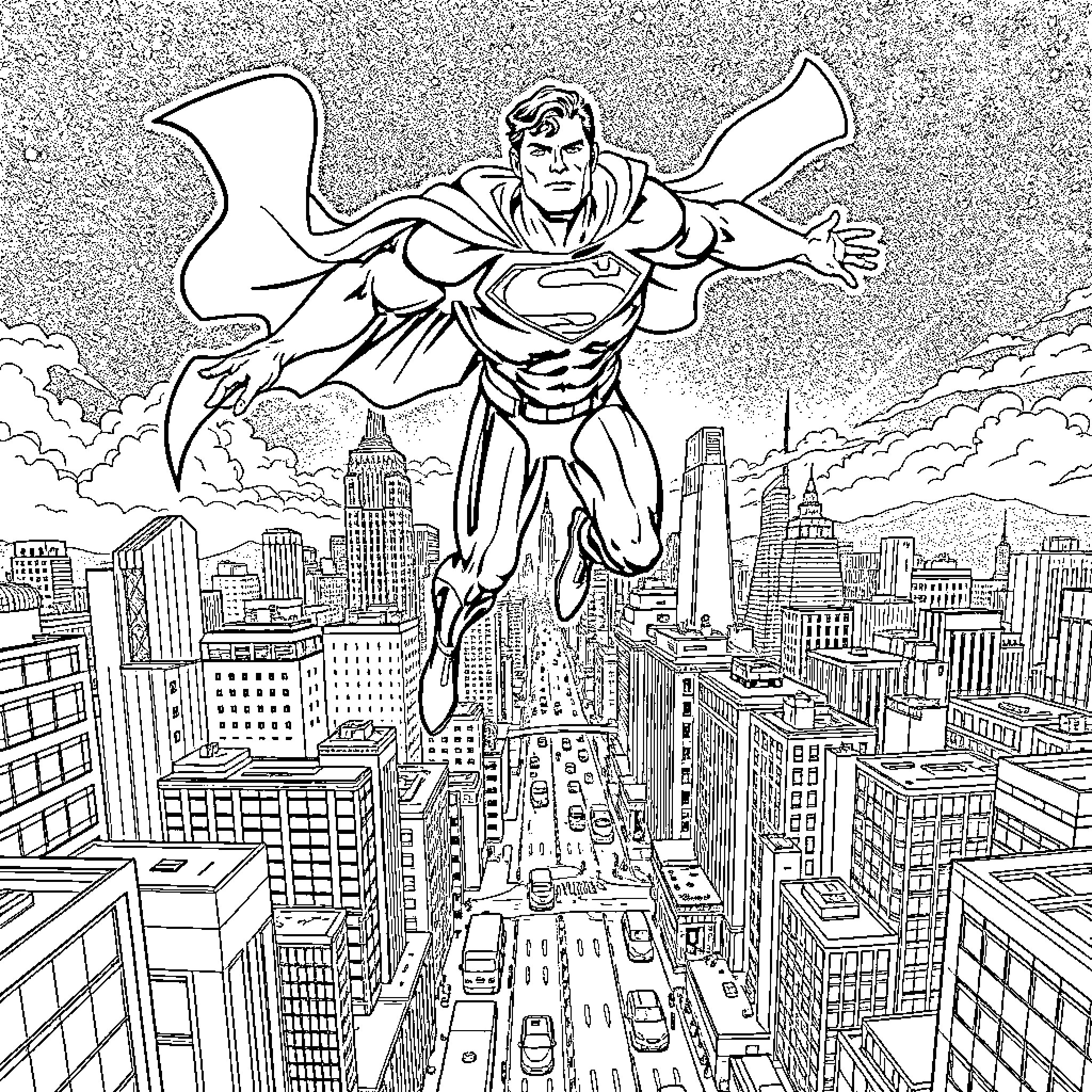 Superman soaring over the city with heroic pose Coloring Page (free black-and-white line drawing printable PDF for all, from beginners to advanced learners, including children, teens, adults, and seniors)