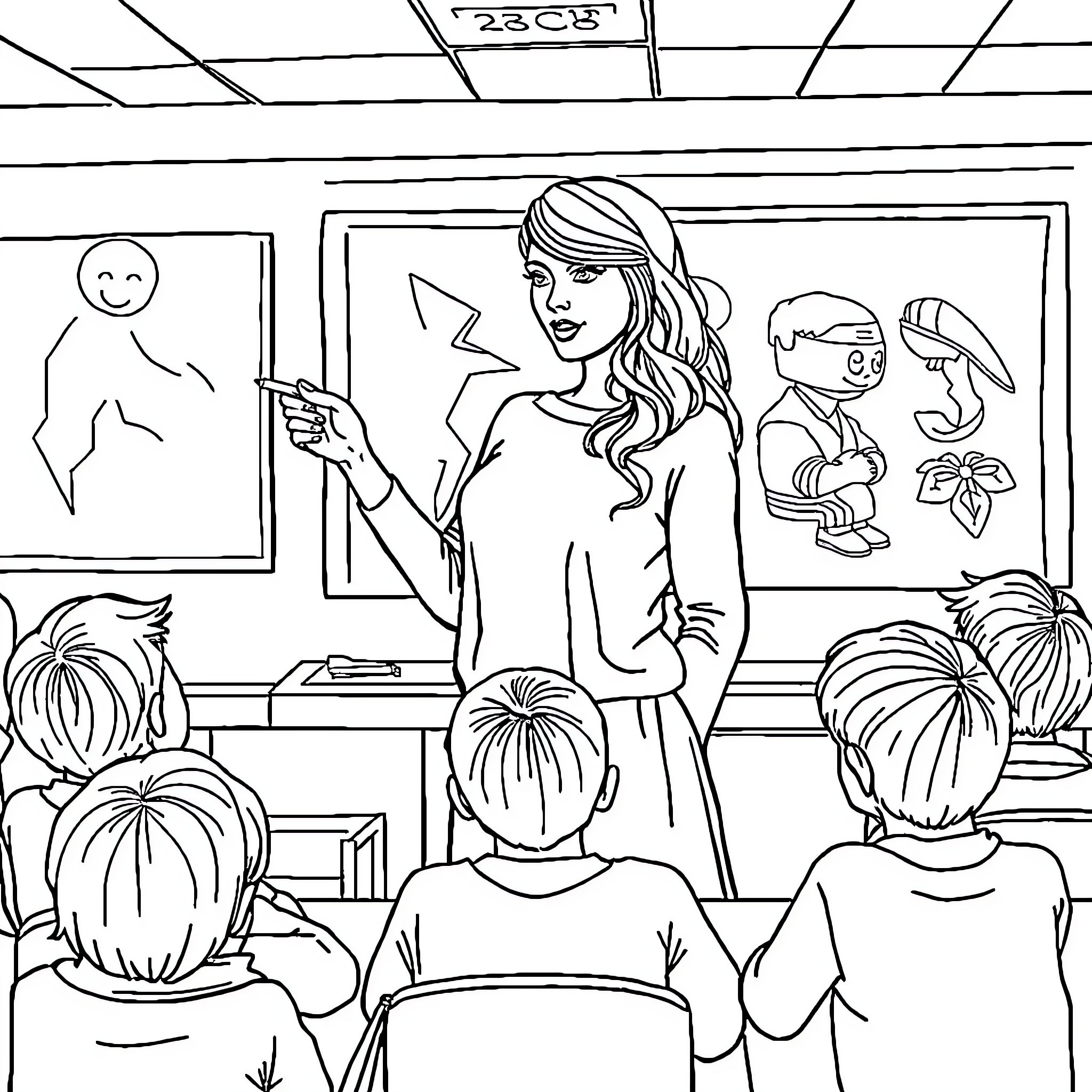 Taylor Swift teaching students in the classroom Coloring Page (free black-and-white line drawing printable PDF for all, from beginners to advanced learners, including children, teens, adults, and seniors)