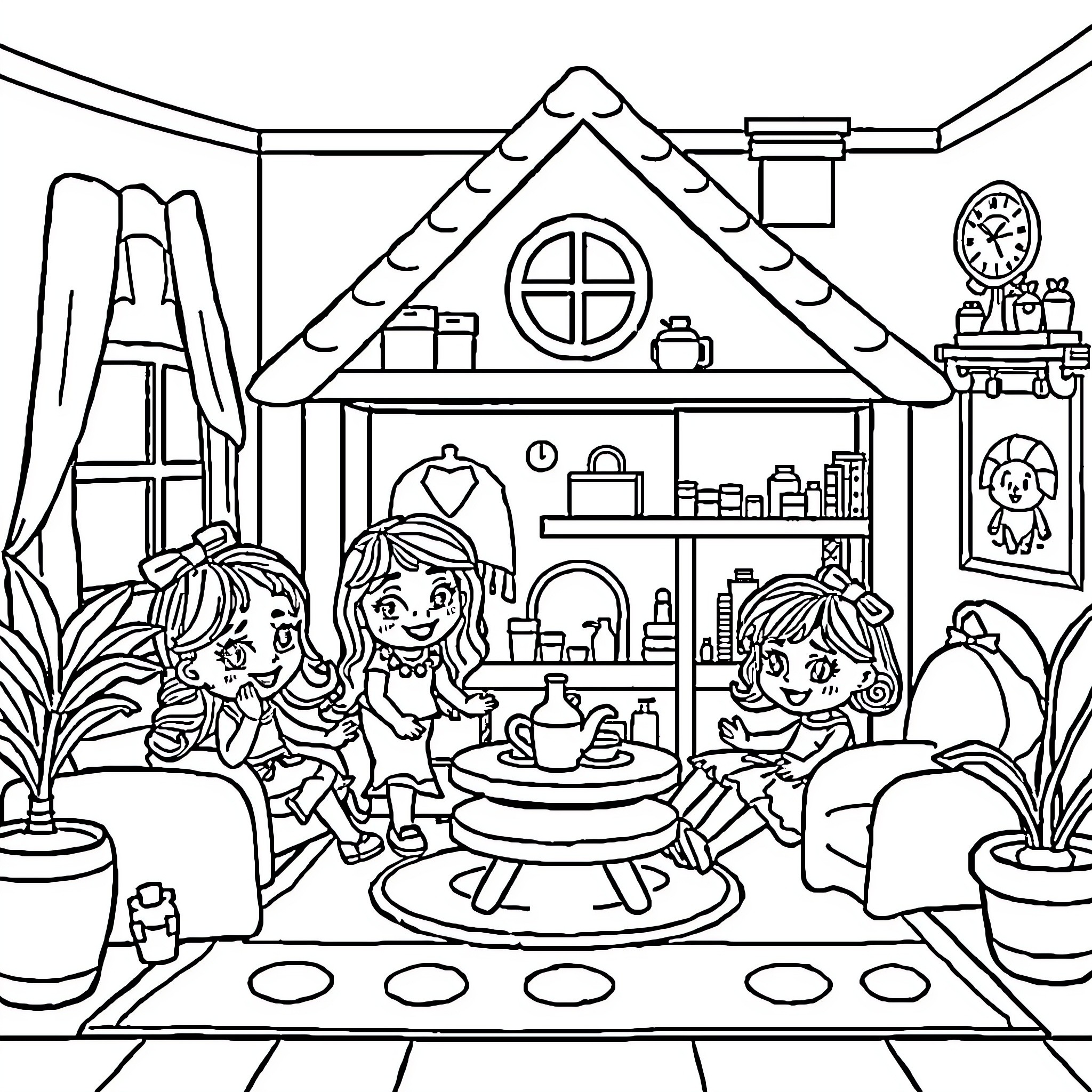 Gabby Dollhouse - Girls Playing and Exploring in Dollhouse Coloring Page (free black-and-white line drawing printable PDF for all, from beginners to advanced learners, including children, teens, adults, and seniors)