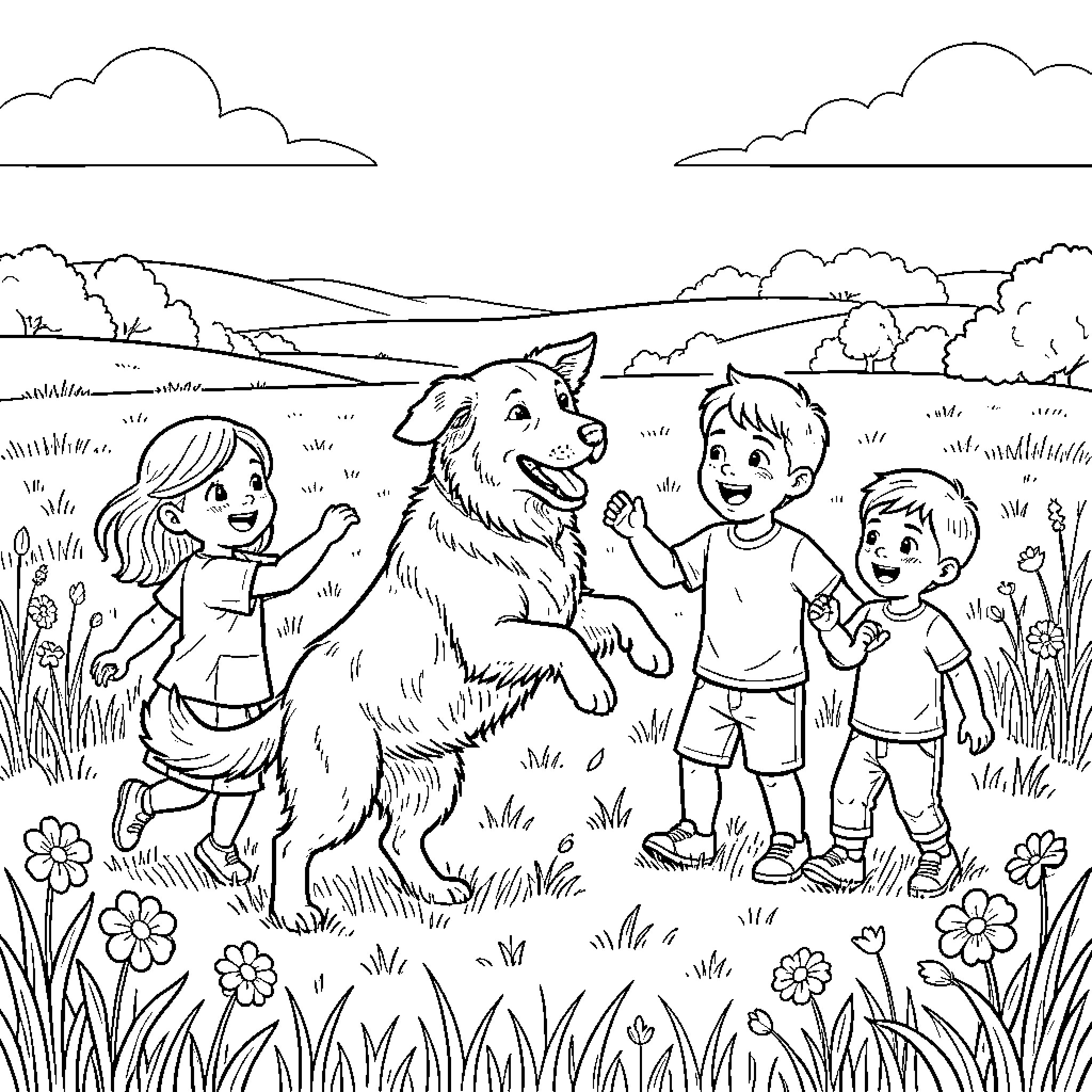 Australian Shepherd playing joyfully with children in a field Coloring Page (free black-and-white line drawing printable PDF for all, from beginners to advanced learners, including children, teens, adults, and seniors)