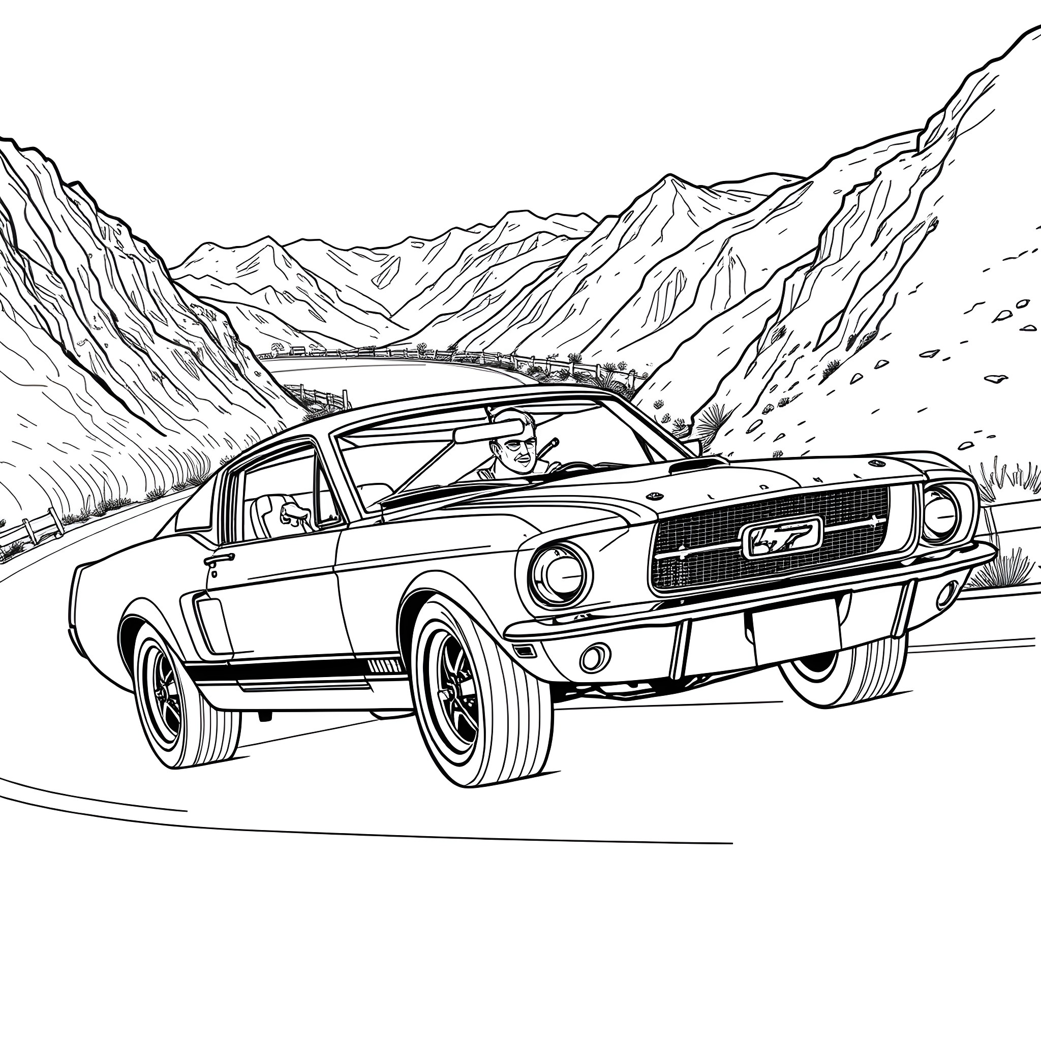 Mustang speeding through the mountain landscape Coloring Page (free black-and-white line drawing printable PDF for all, from beginners to advanced learners, including children, teens, adults, and seniors)