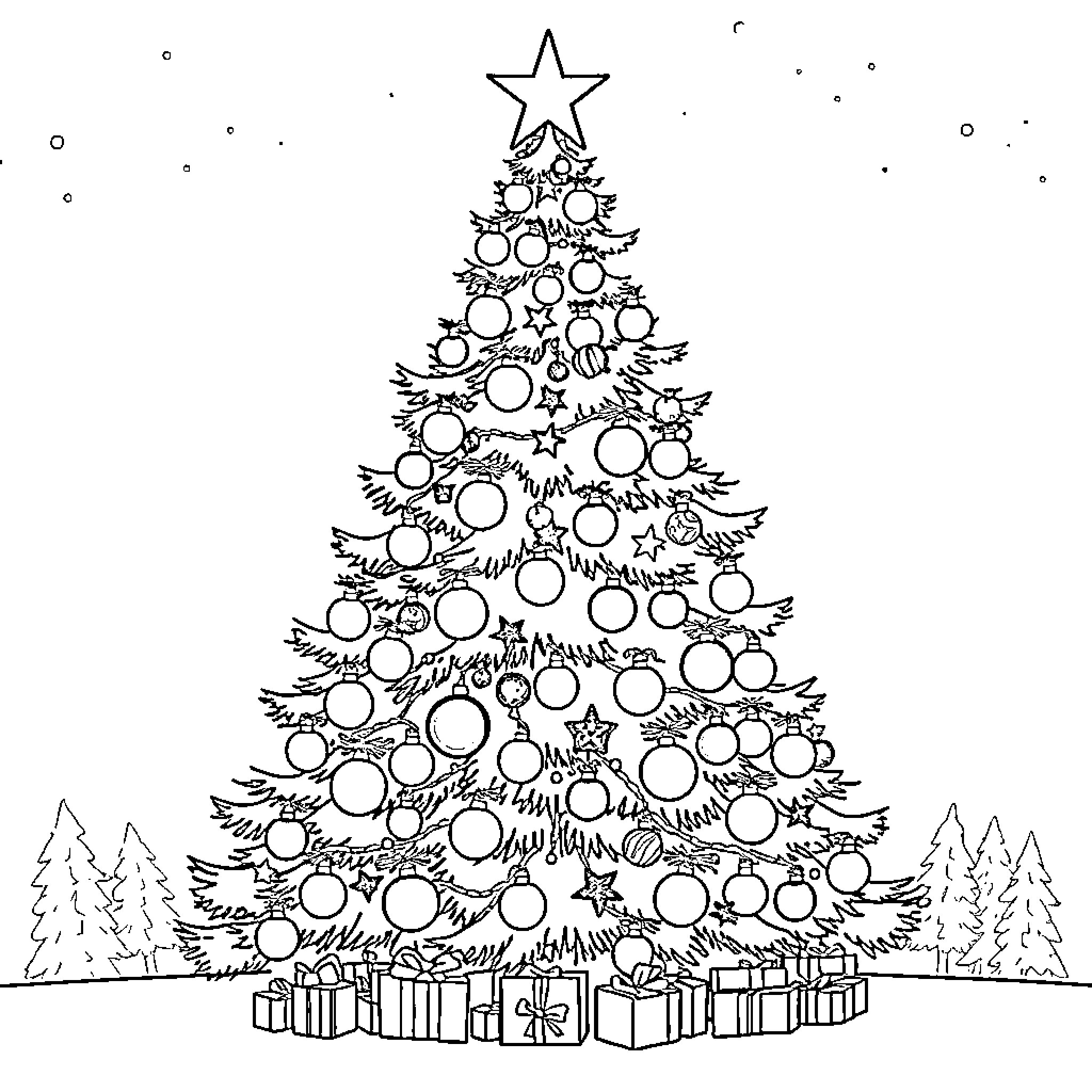 Christmas Tree Decorated with Ornaments and Presents Coloring Page (free black-and-white line drawing printable PDF for all, from beginners to advanced learners, including children, teens, adults, and seniors)