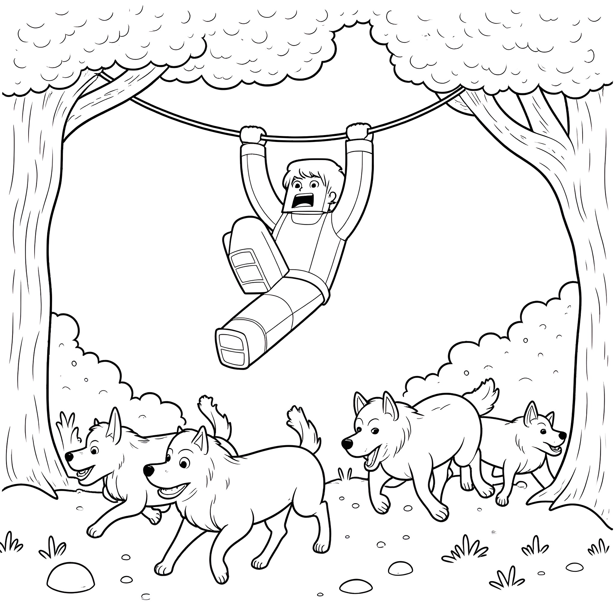 Man swinging on rope in forest with playful wolves Coloring Page (free black-and-white line drawing printable PDF for all, from beginners to advanced learners, including children, teens, adults, and seniors)