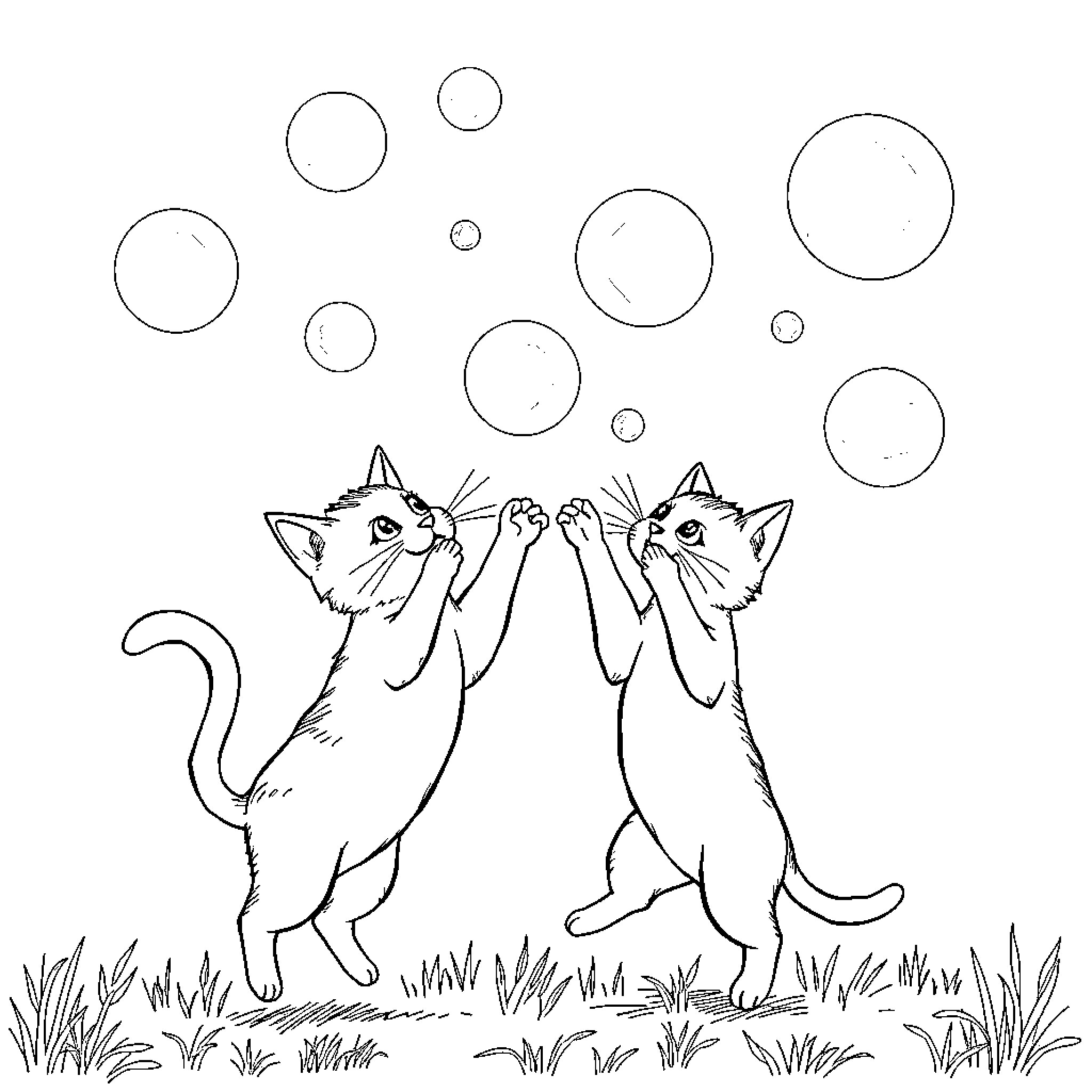 Cats playing with bubbles in the grass Coloring Page (free black-and-white line drawing printable PDF for all, from beginners to advanced learners, including children, teens, adults, and seniors)