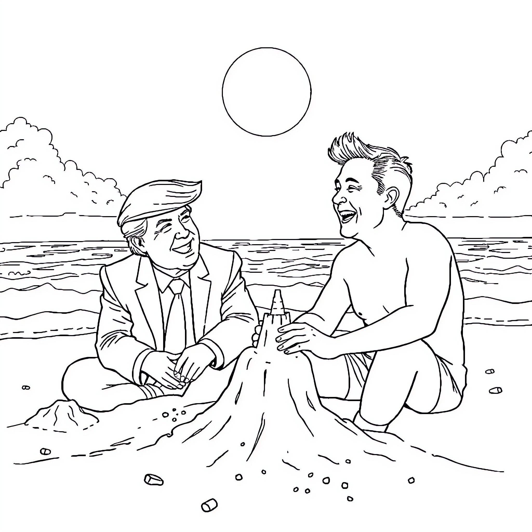 Trump and a man relaxing on the beach Coloring Page (free black-and-white line drawing printable PDF for all, from beginners to advanced learners, including children, teens, adults, and seniors)