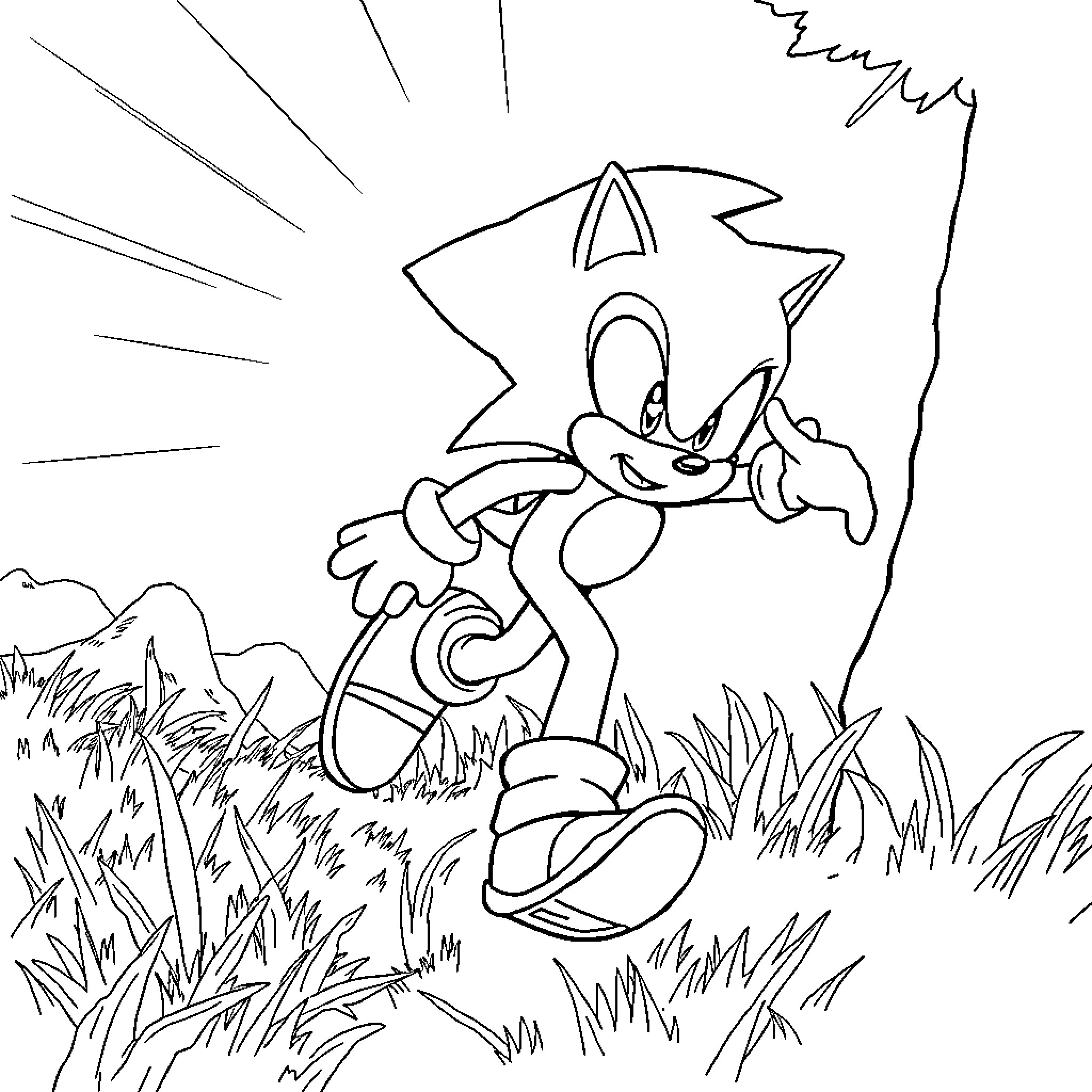 Sonic dashing through the vibrant landscape Coloring Page (free black-and-white line drawing printable PDF for all, from beginners to advanced learners, including children, teens, adults, and seniors)