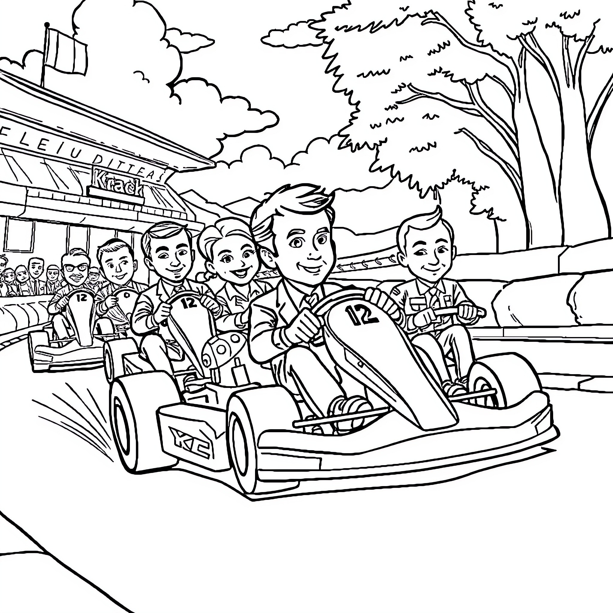 Marionette Go-Kart Race in the Park Coloring Page (free black-and-white line drawing printable PDF for all, from beginners to advanced learners, including children, teens, adults, and seniors)