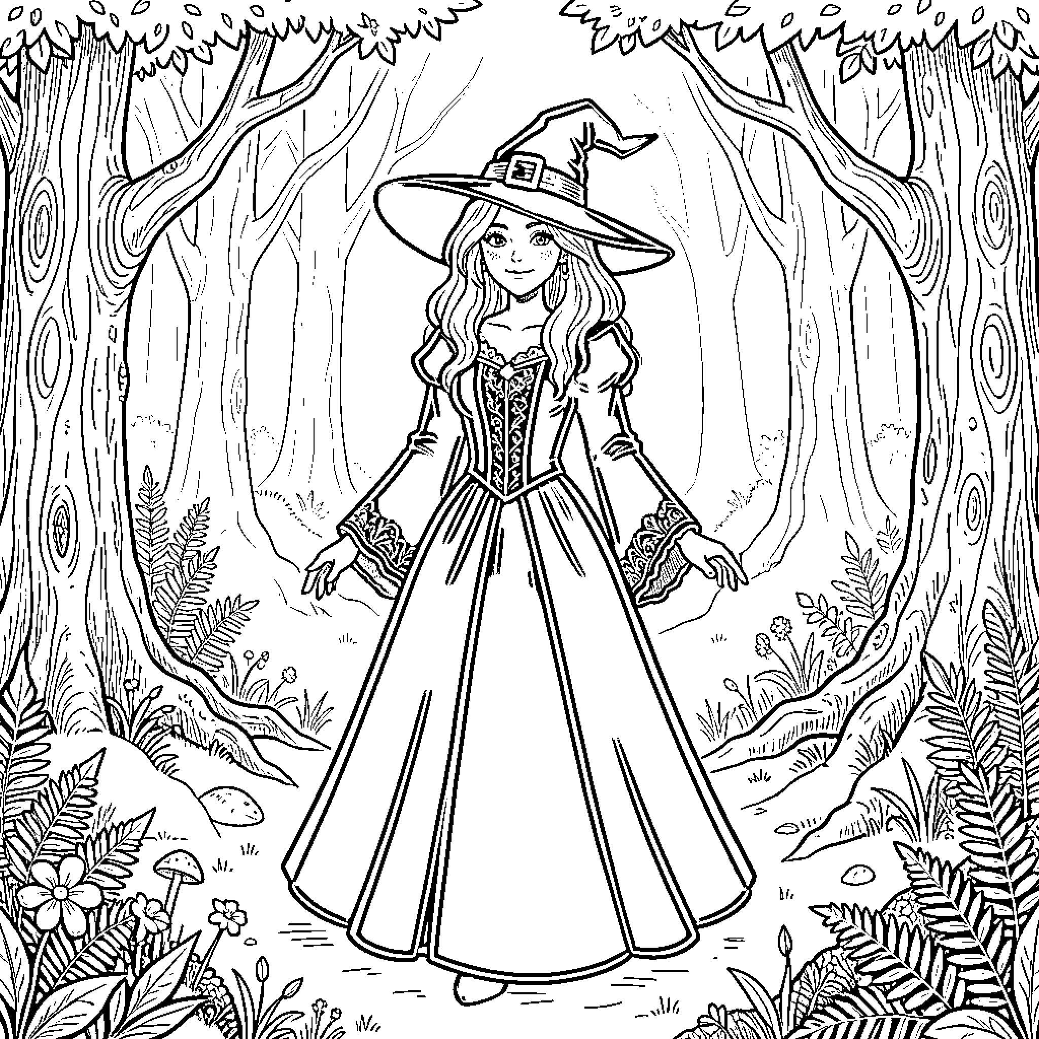 Witch's Enchanting Forest Stroll Coloring Page (free black-and-white line drawing printable PDF for all, from beginners to advanced learners, including children, teens, adults, and seniors)
