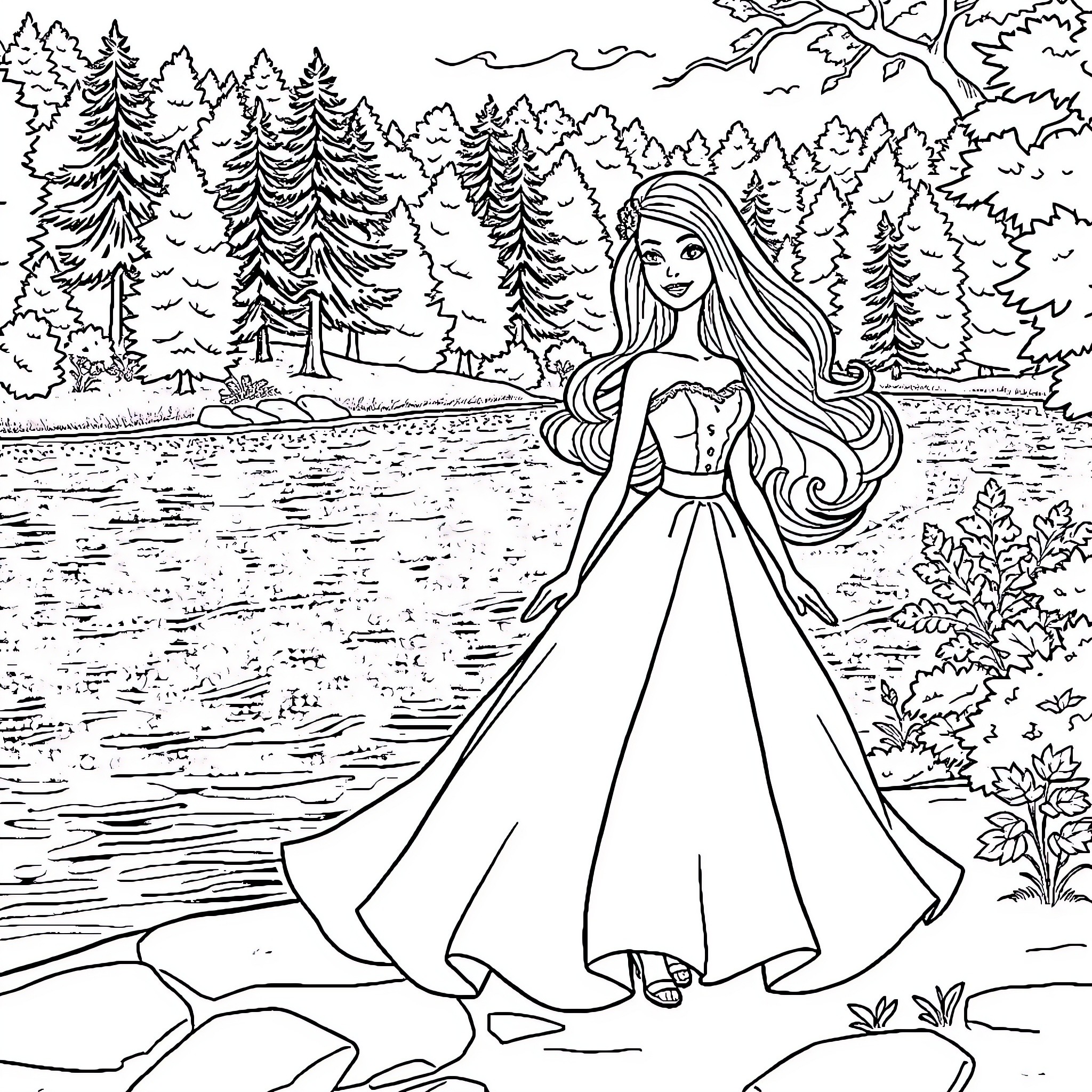Barbie in a Fairytale Woodland Scene Coloring Page (free black-and-white line drawing printable PDF for all, from beginners to advanced learners, including children, teens, adults, and seniors)