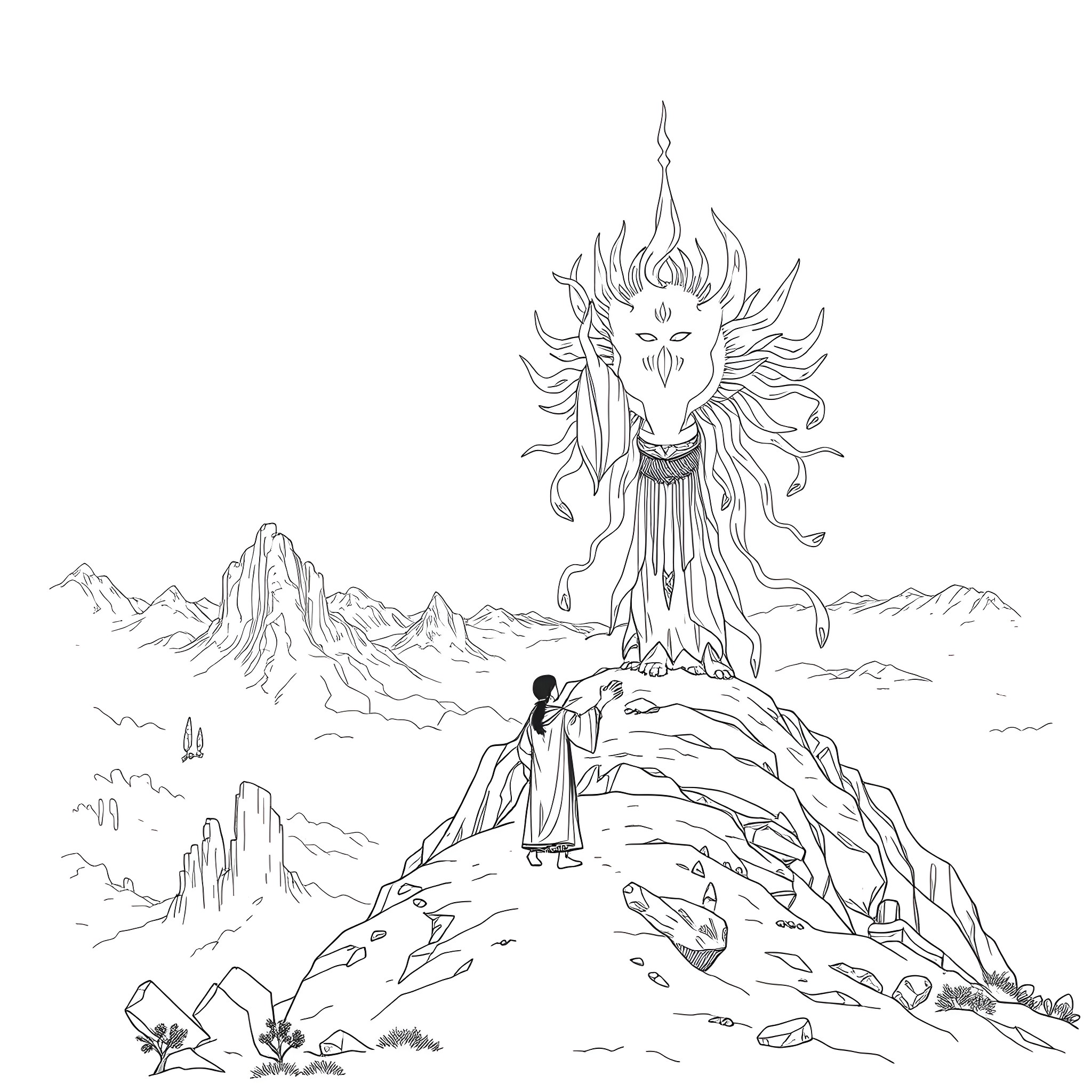 Spirit of the Mountain Peaks Coloring Page (free black-and-white line drawing printable PDF for all, from beginners to advanced learners, including children, teens, adults, and seniors)