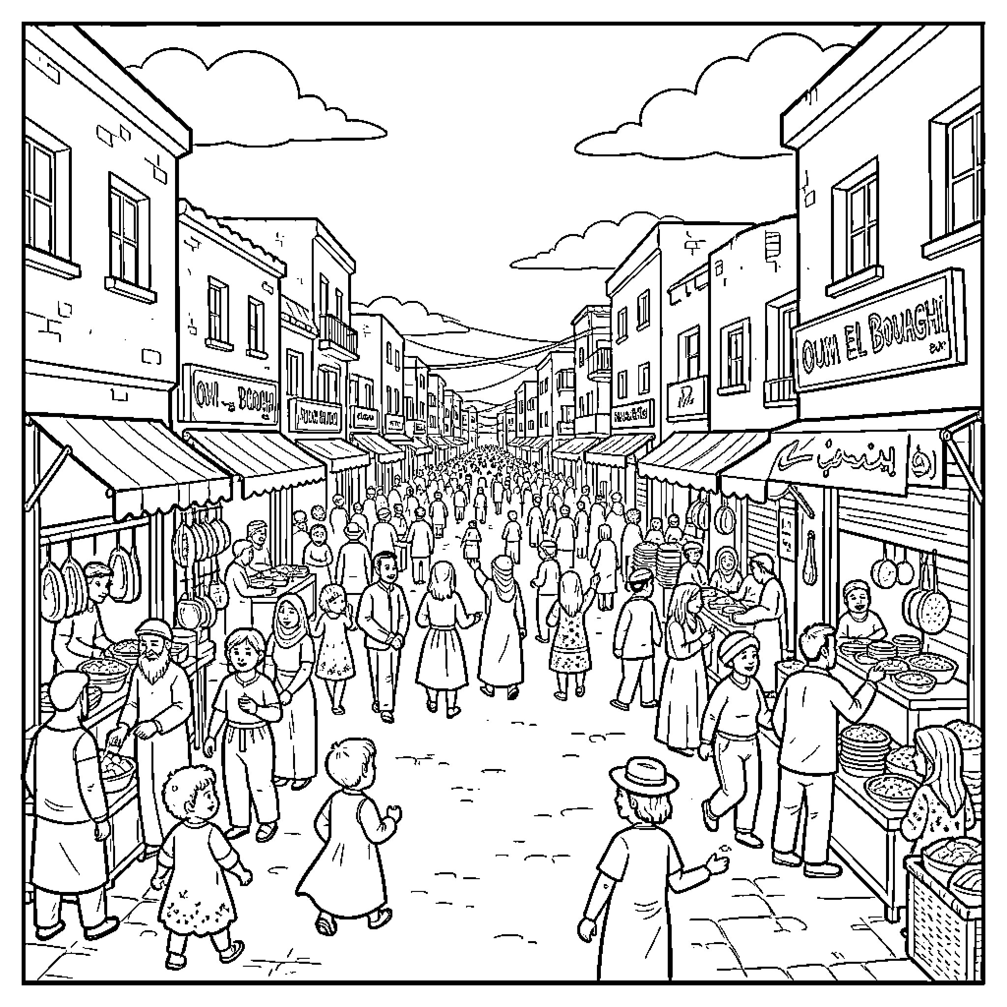 Oum El Bouaghi people walking through a busy market Coloring Page (free black-and-white line drawing printable PDF for all, from beginners to advanced learners, including children, teens, adults, and seniors)
