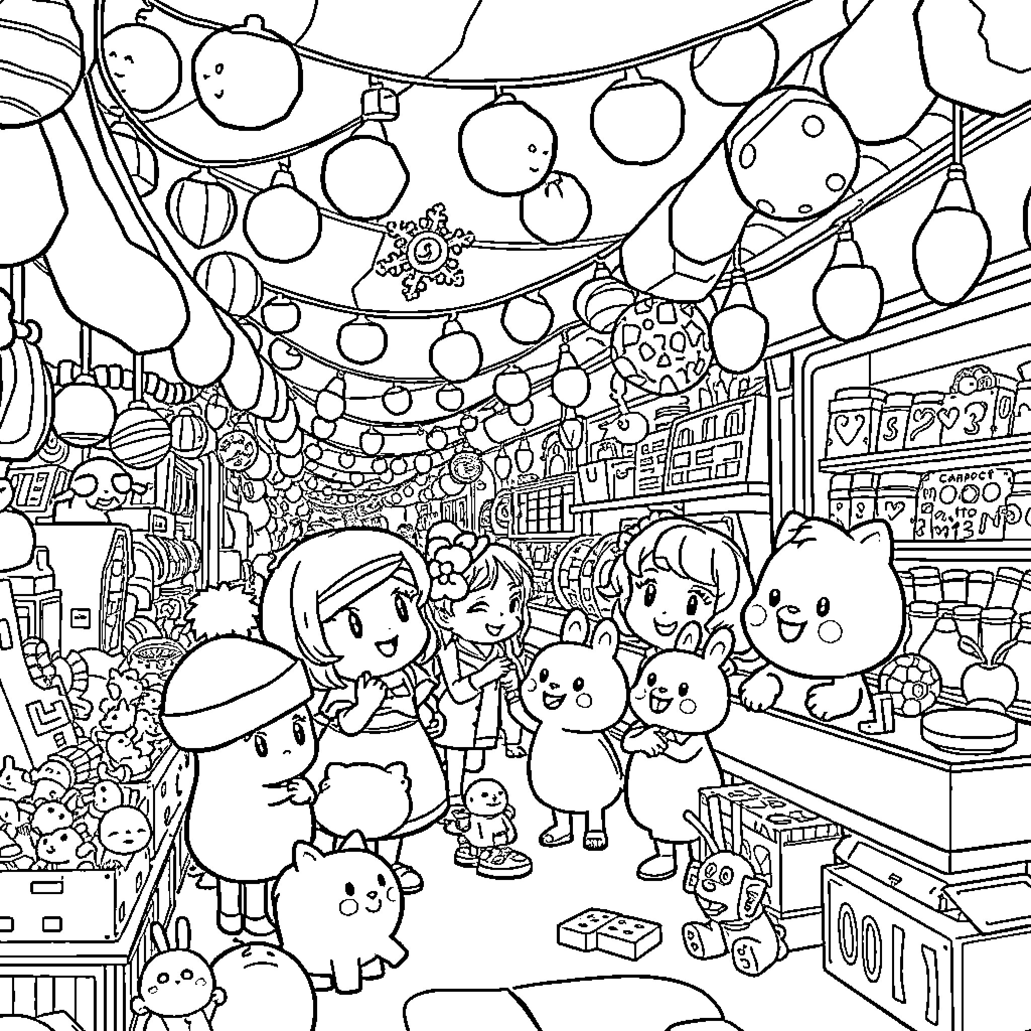 Cocomelon Characters in a Festive Marketplace Coloring Page (free black-and-white line drawing printable PDF for all, from beginners to advanced learners, including children, teens, adults, and seniors)