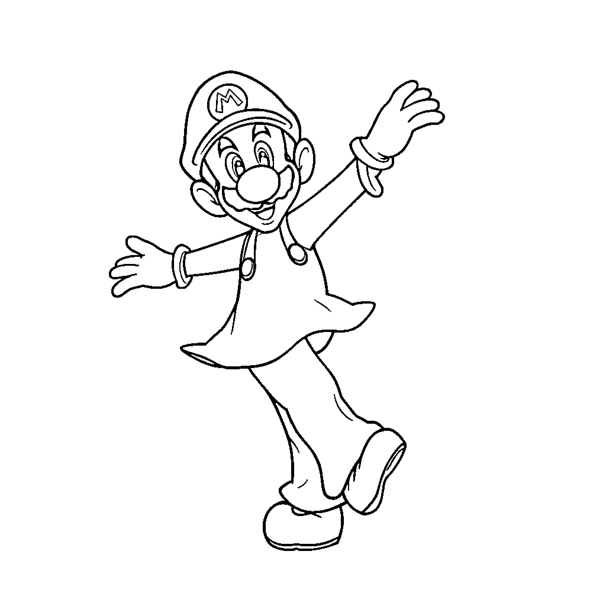 Luigi expressing joy and excitement Coloring Page (free black-and-white line drawing printable PDF for all, from beginners to advanced learners, including children, teens, adults, and seniors)