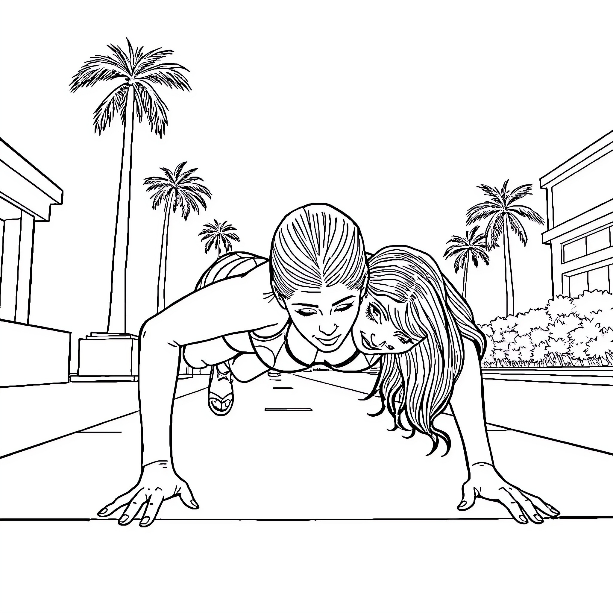 Bikini Babe in a Playful Stretch Coloring Page (free black-and-white line drawing printable PDF for all, from beginners to advanced learners, including children, teens, adults, and seniors)