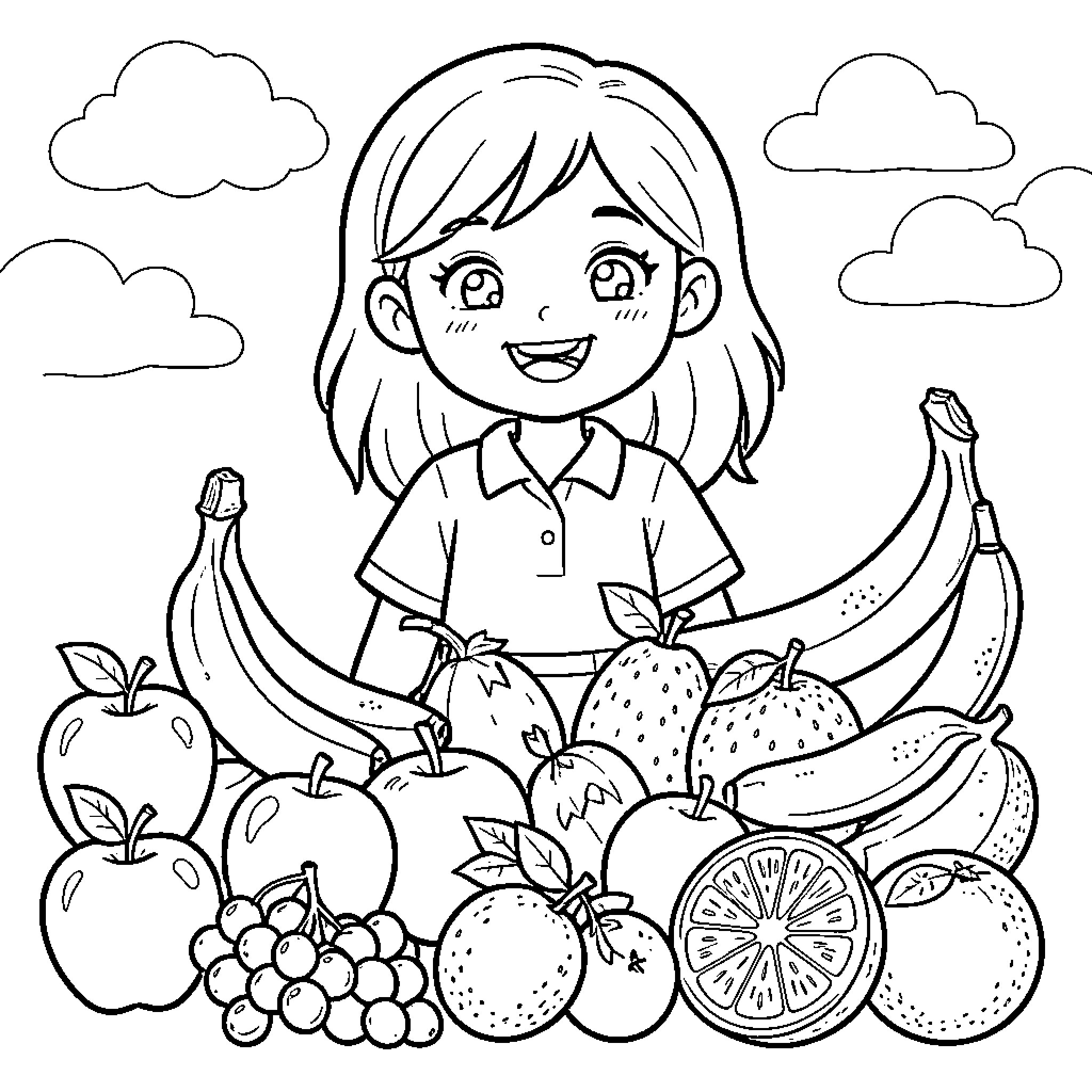 Fruit Abundance: A Girl Surrounded by Assorted Produce Coloring Page (free black-and-white line drawing printable PDF for all, from beginners to advanced learners, including children, teens, adults, and seniors)