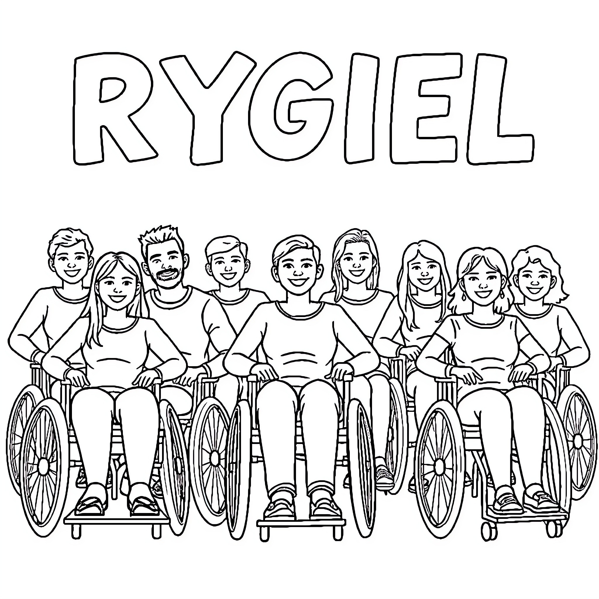 Person in wheelchairs smiling together Coloring Page (free black-and-white line drawing printable PDF for all, from beginners to advanced learners, including children, teens, adults, and seniors)