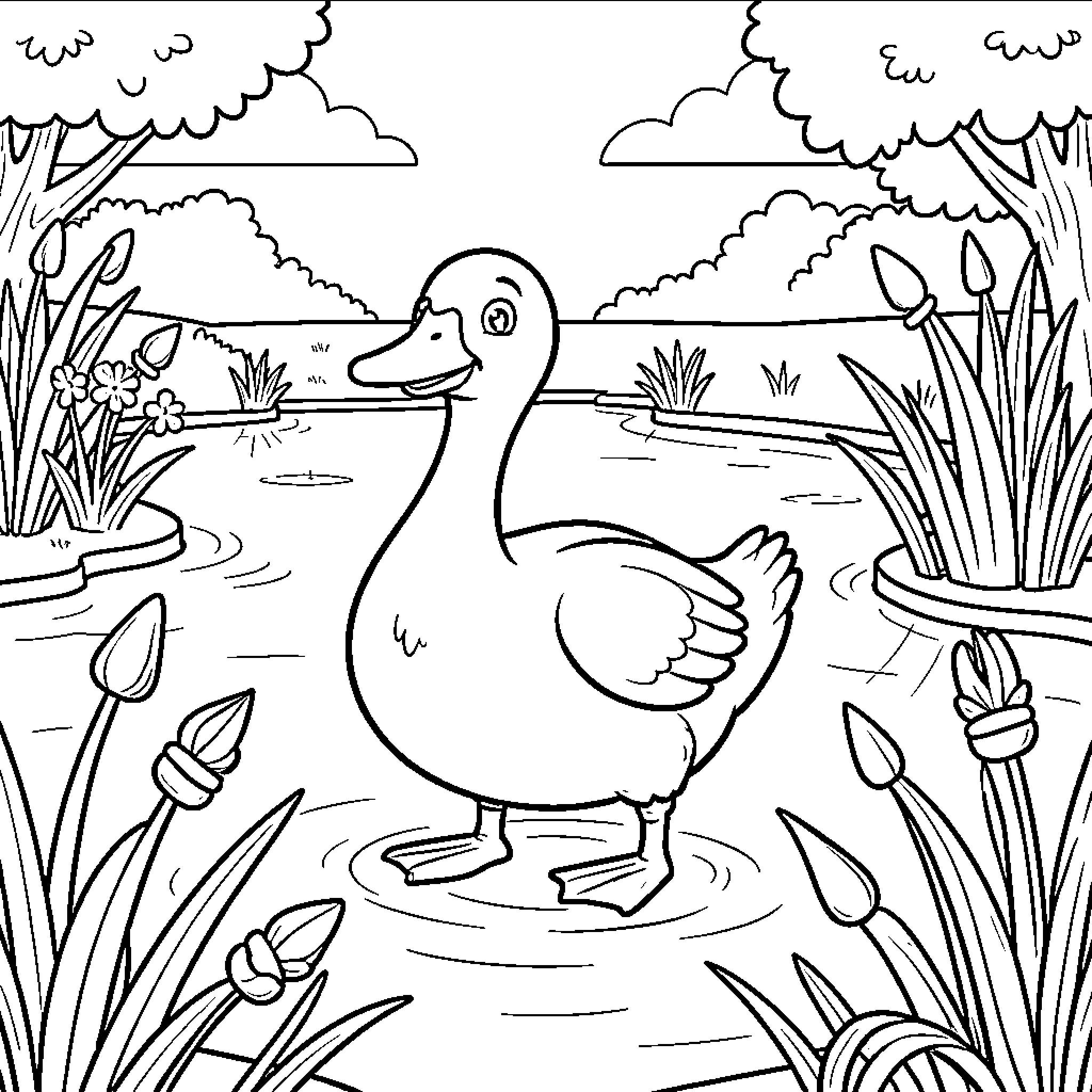 Goose swimming in a peaceful pond Coloring Page (free black-and-white line drawing printable PDF for all, from beginners to advanced learners, including children, teens, adults, and seniors)