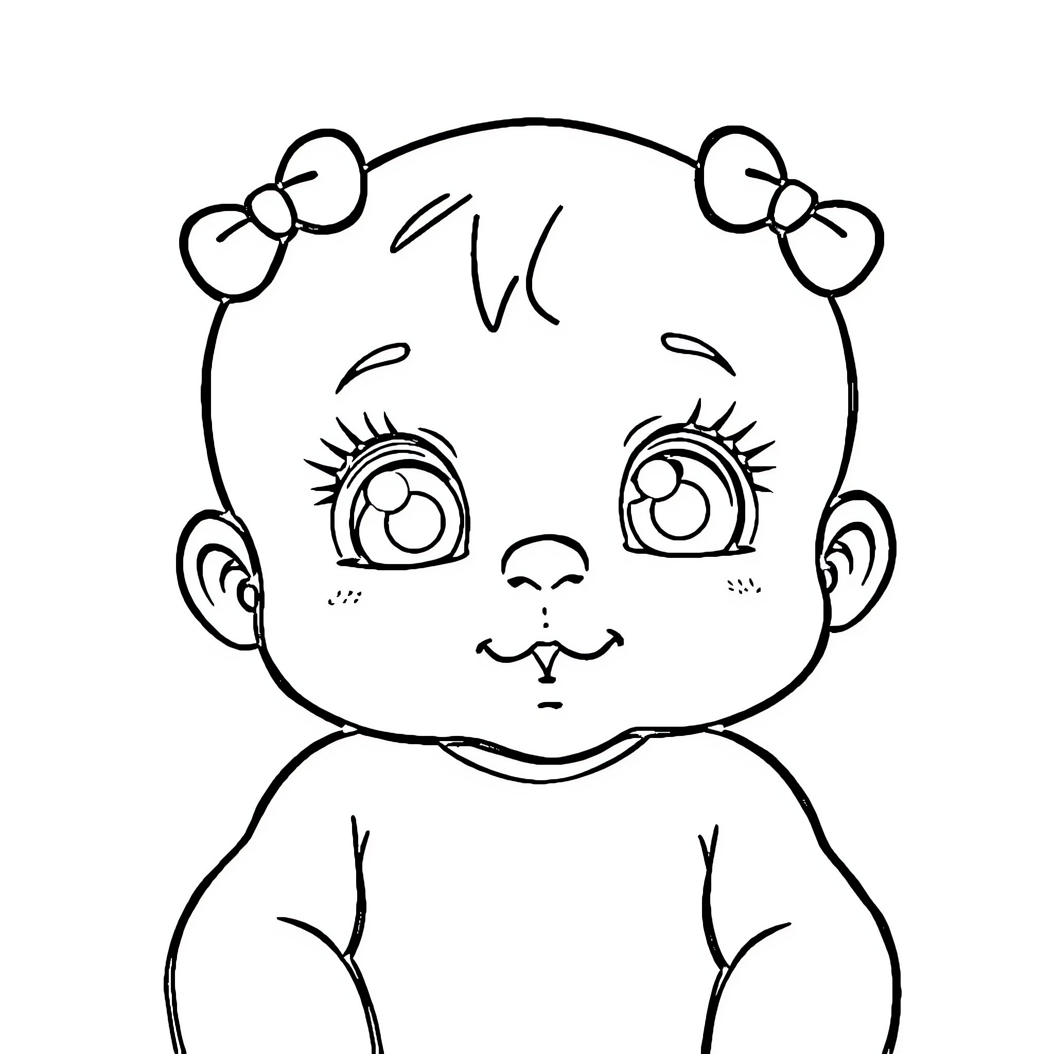 Baby girl with bows in black and white Coloring Page (free black-and-white line drawing printable PDF for all, from beginners to advanced learners, including children, teens, adults, and seniors)