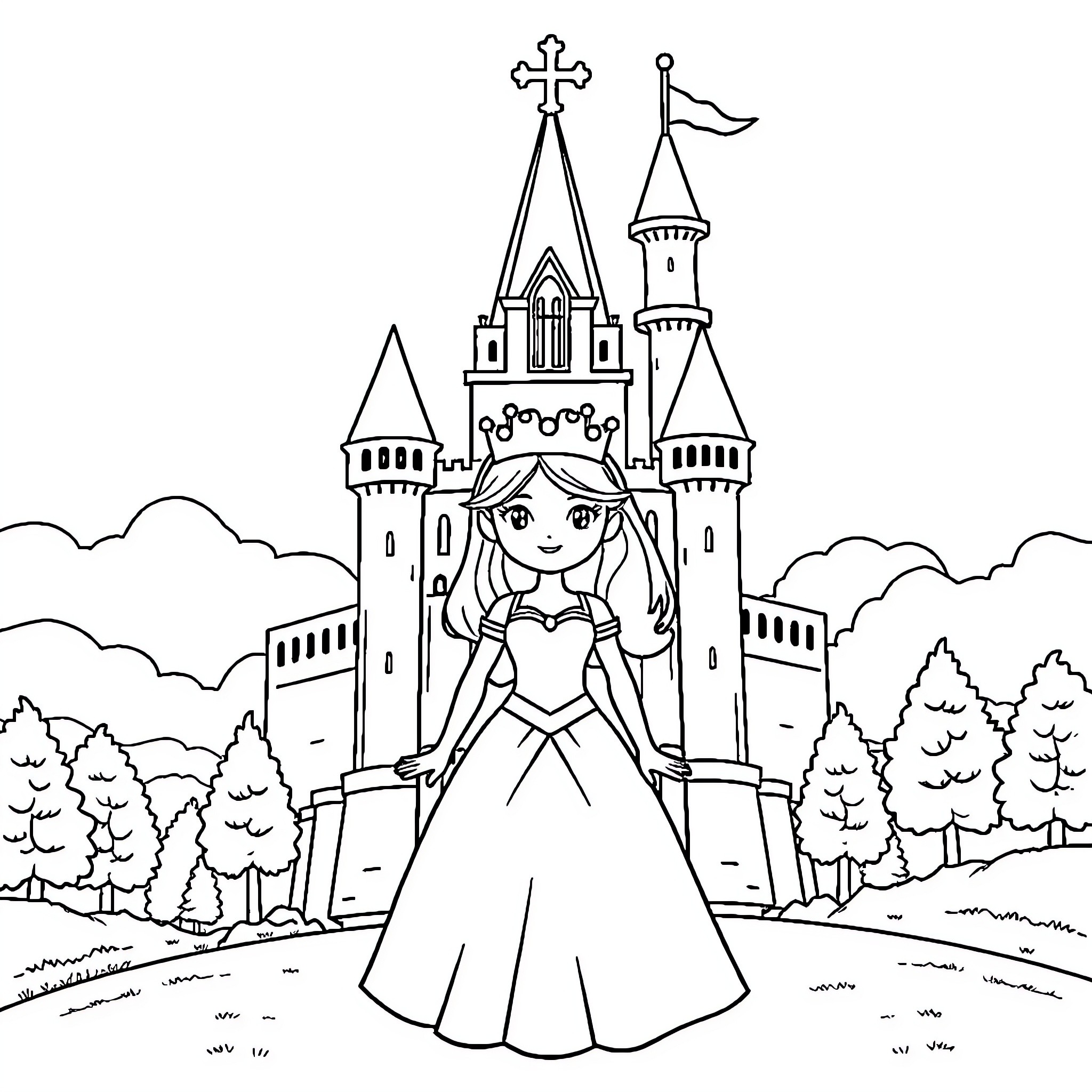 Princess in front of a magical castle Coloring Page (free black-and-white line drawing printable PDF for all, from beginners to advanced learners, including children, teens, adults, and seniors)