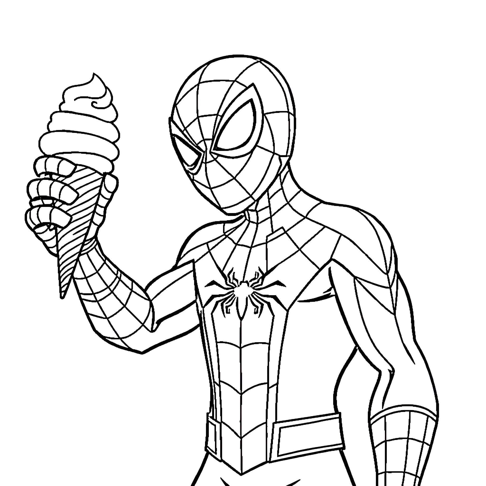 Spider-Man enjoying ice cream on a summer day Coloring Page (free black-and-white line drawing printable PDF for all, from beginners to advanced learners, including children, teens, adults, and seniors)