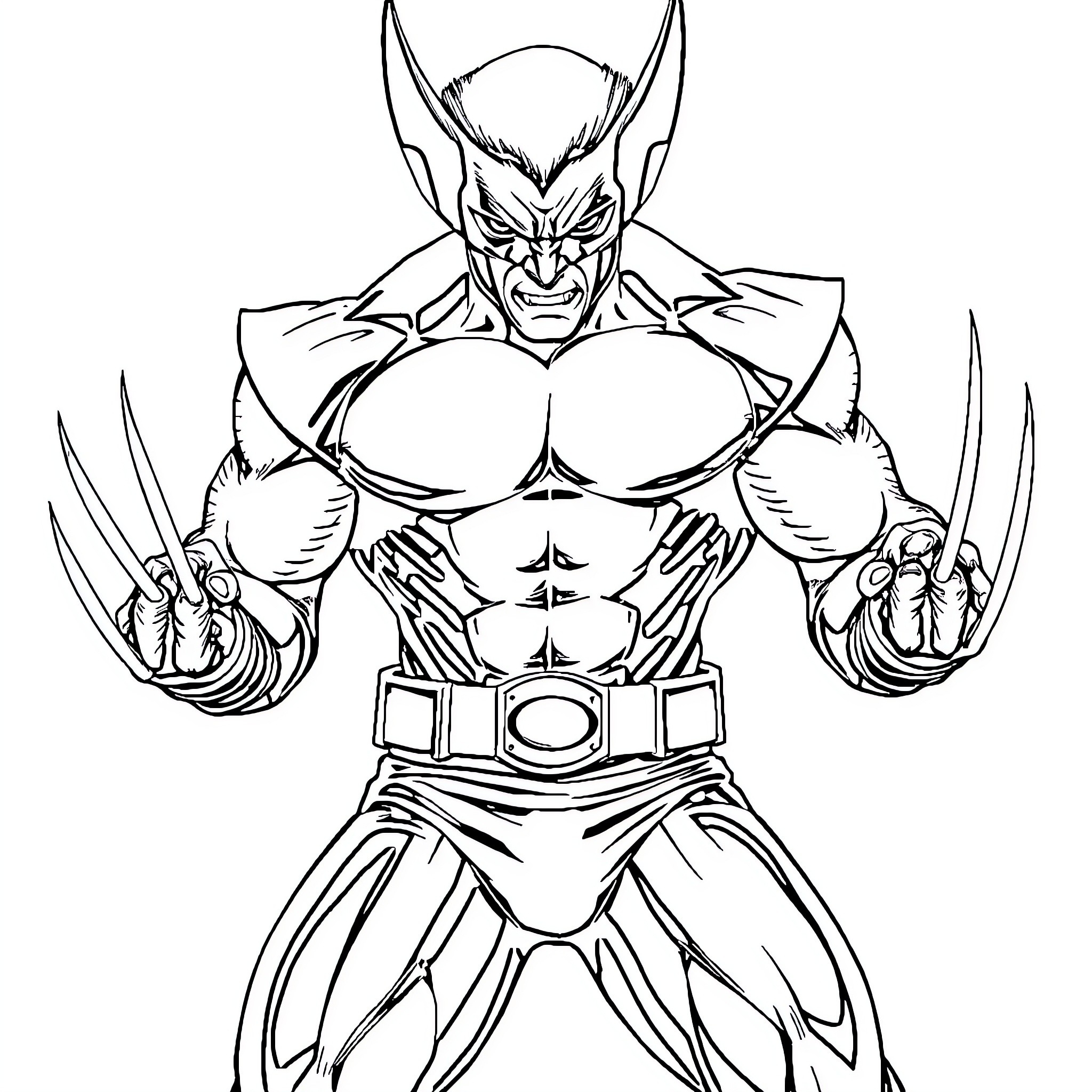 Wolverine's fierce battle stance and powerful physique Coloring Page (free black-and-white line drawing printable PDF for all, from beginners to advanced learners, including children, teens, adults, and seniors)