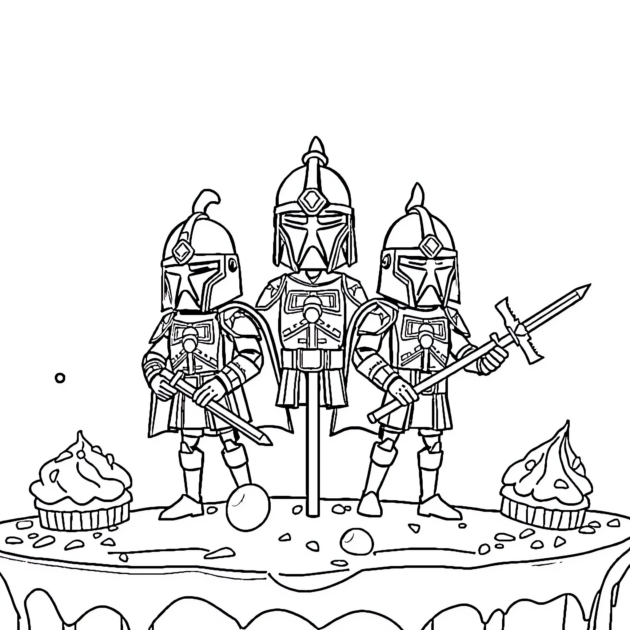 Cake Pop Knights Defending a Delicious Realm Coloring Page (free black-and-white line drawing printable PDF for all, from beginners to advanced learners, including children, teens, adults, and seniors)