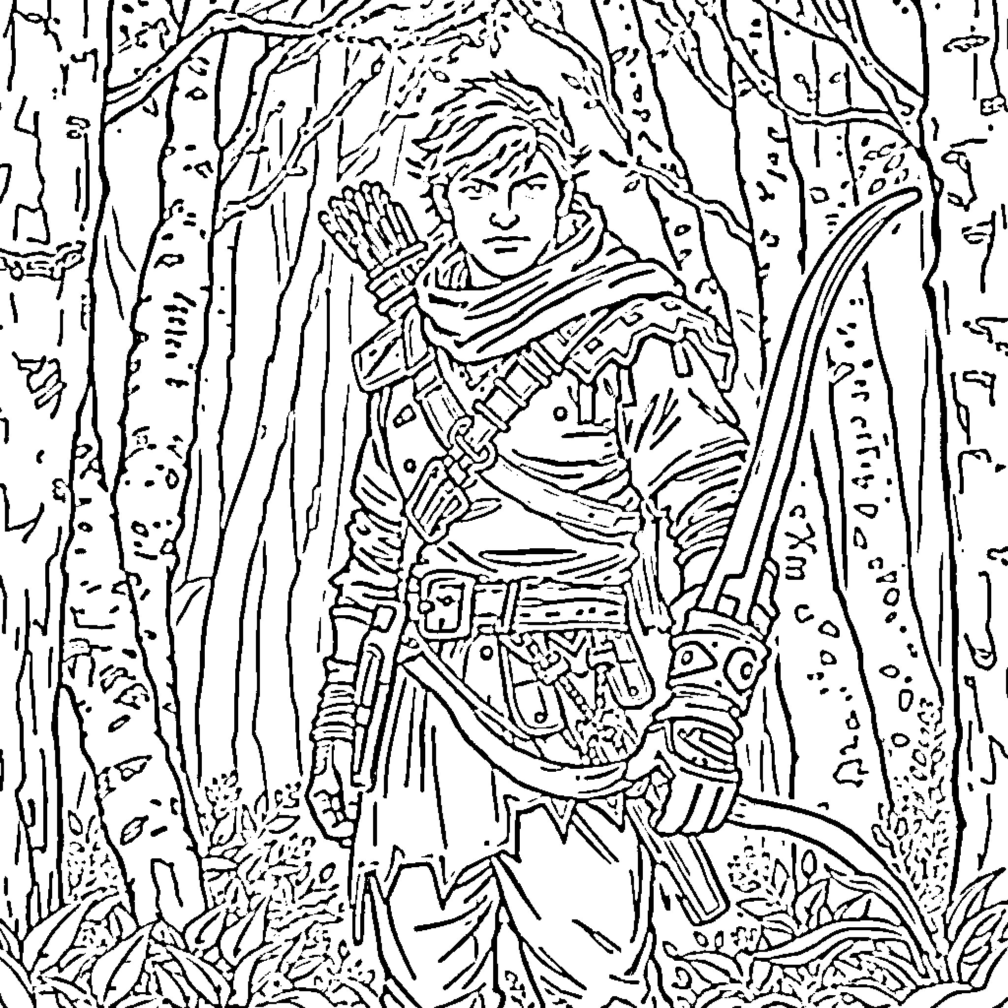 Ranger exploring the enchanted forest Coloring Page (free black-and-white line drawing printable PDF for all, from beginners to advanced learners, including children, teens, adults, and seniors)
