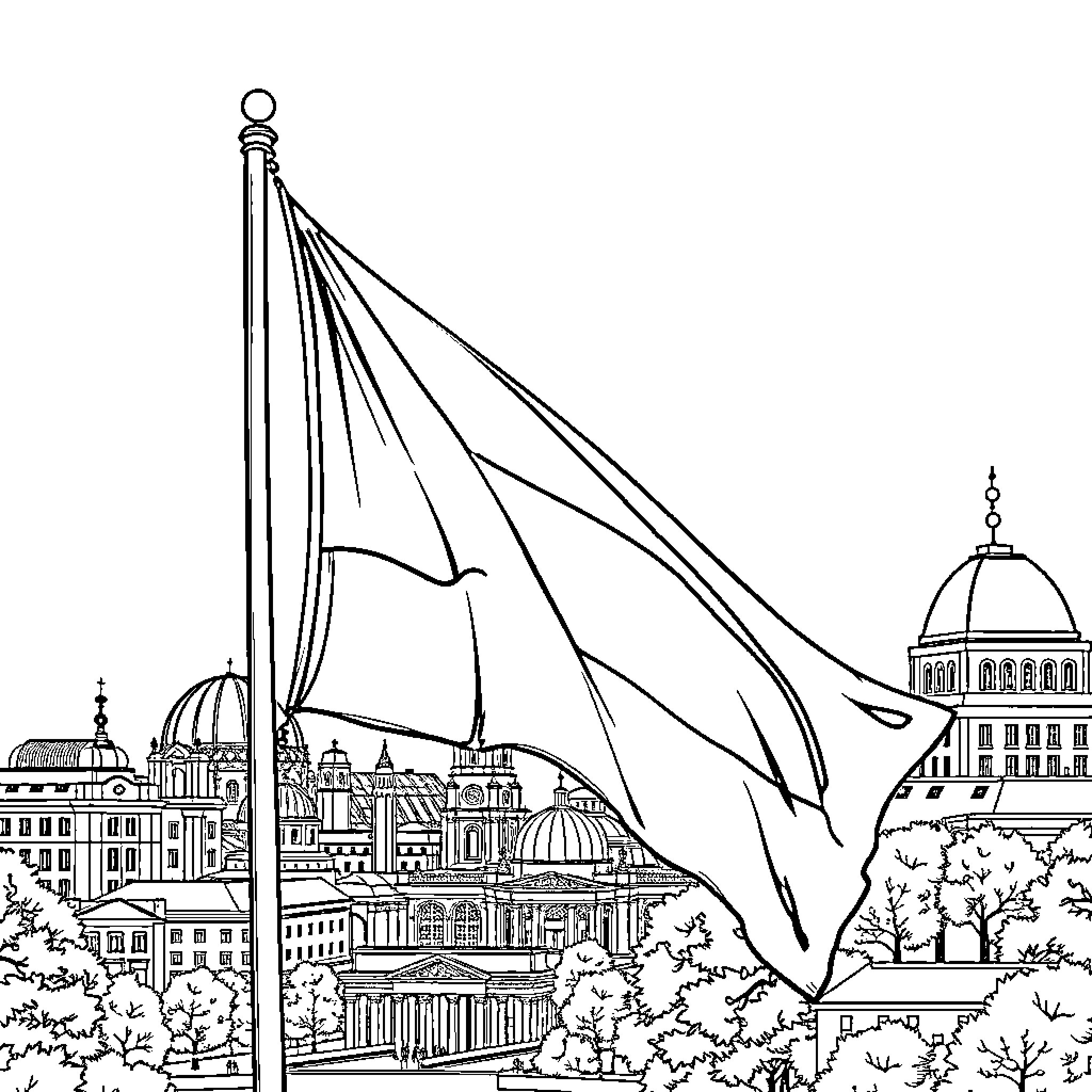 Flag Waving Over Historic City Skyline Coloring Page (free black-and-white line drawing printable PDF for all, from beginners to advanced learners, including children, teens, adults, and seniors)