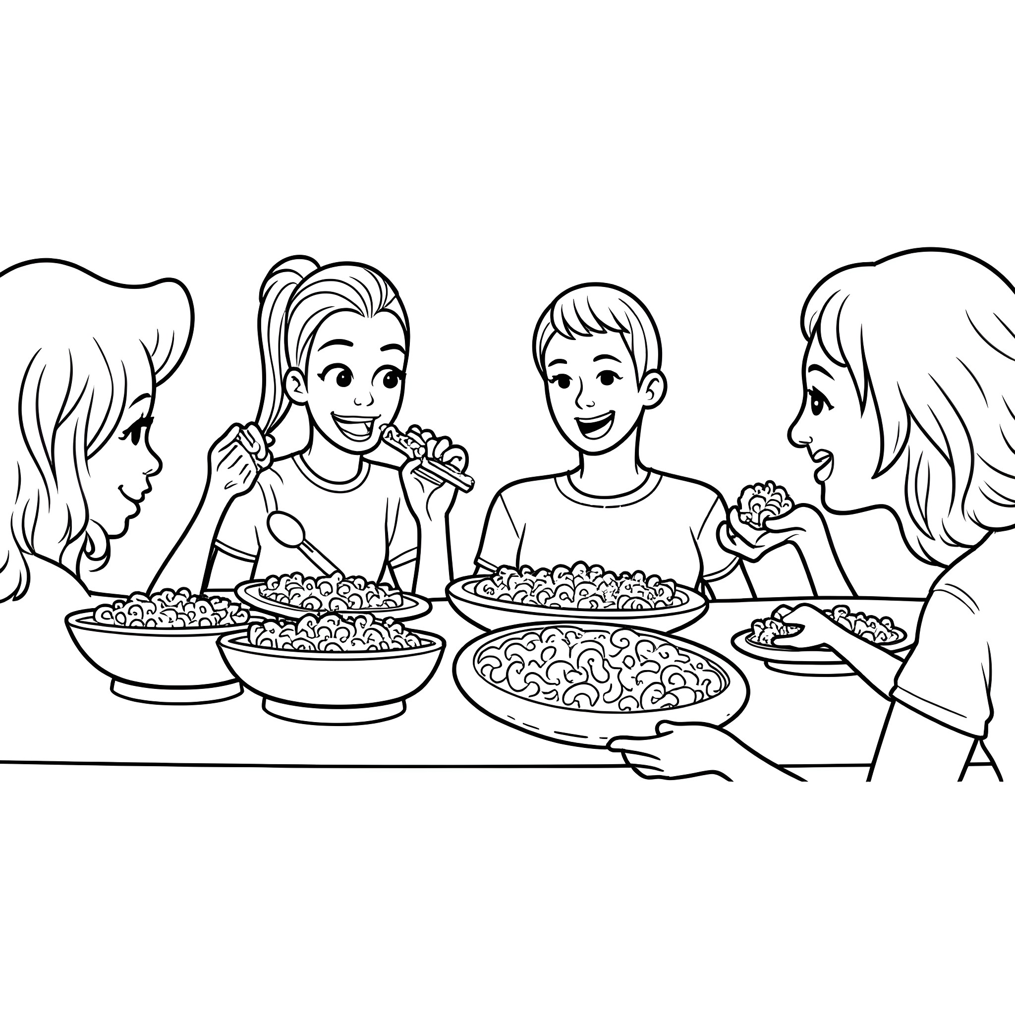 Macaroni and Friends Enjoying a Meal Together Coloring Page (free black-and-white line drawing printable PDF for all, from beginners to advanced learners, including children, teens, adults, and seniors)
