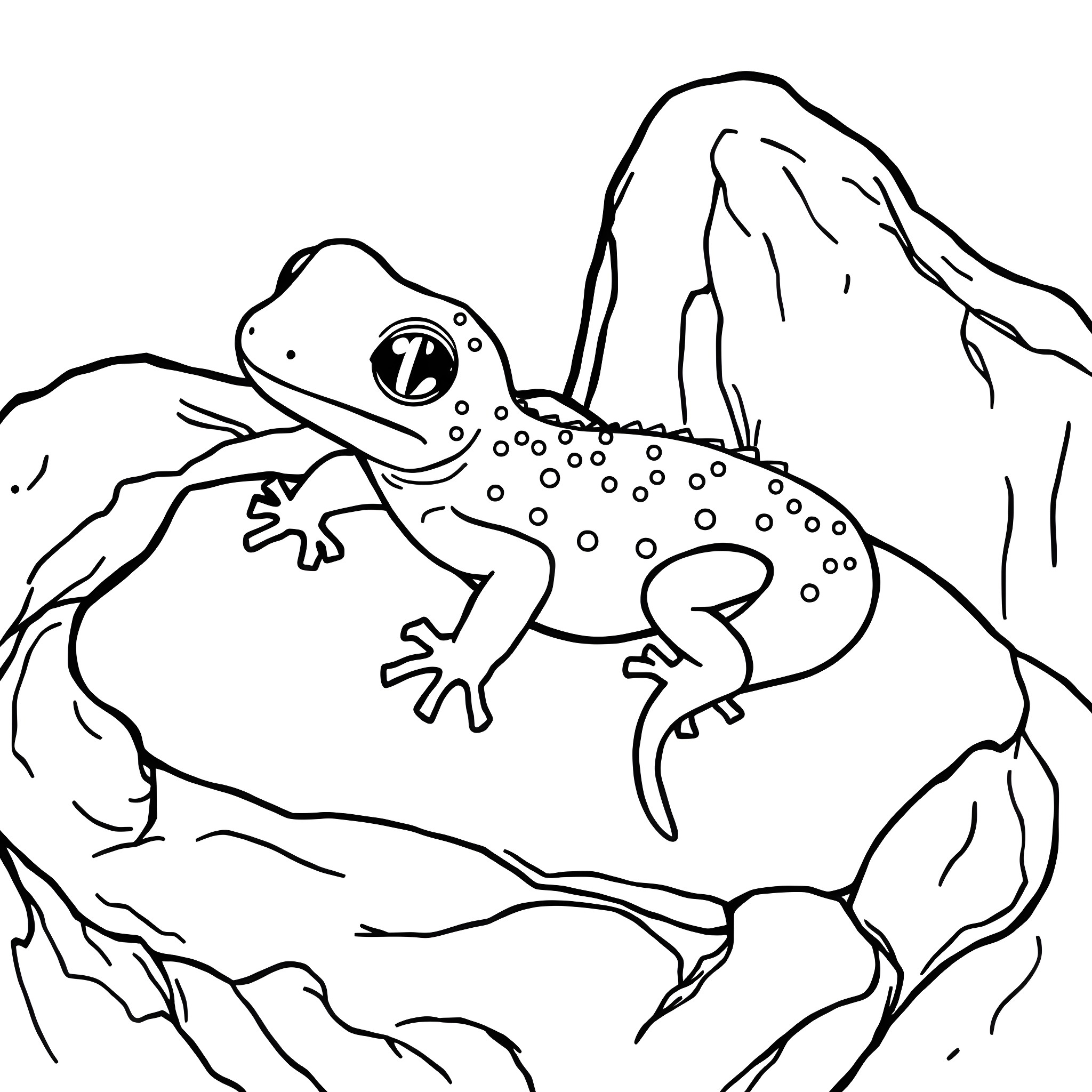 Salamander climbing on rocky terrain Coloring Page (free black-and-white line drawing printable PDF for all, from beginners to advanced learners, including children, teens, adults, and seniors)