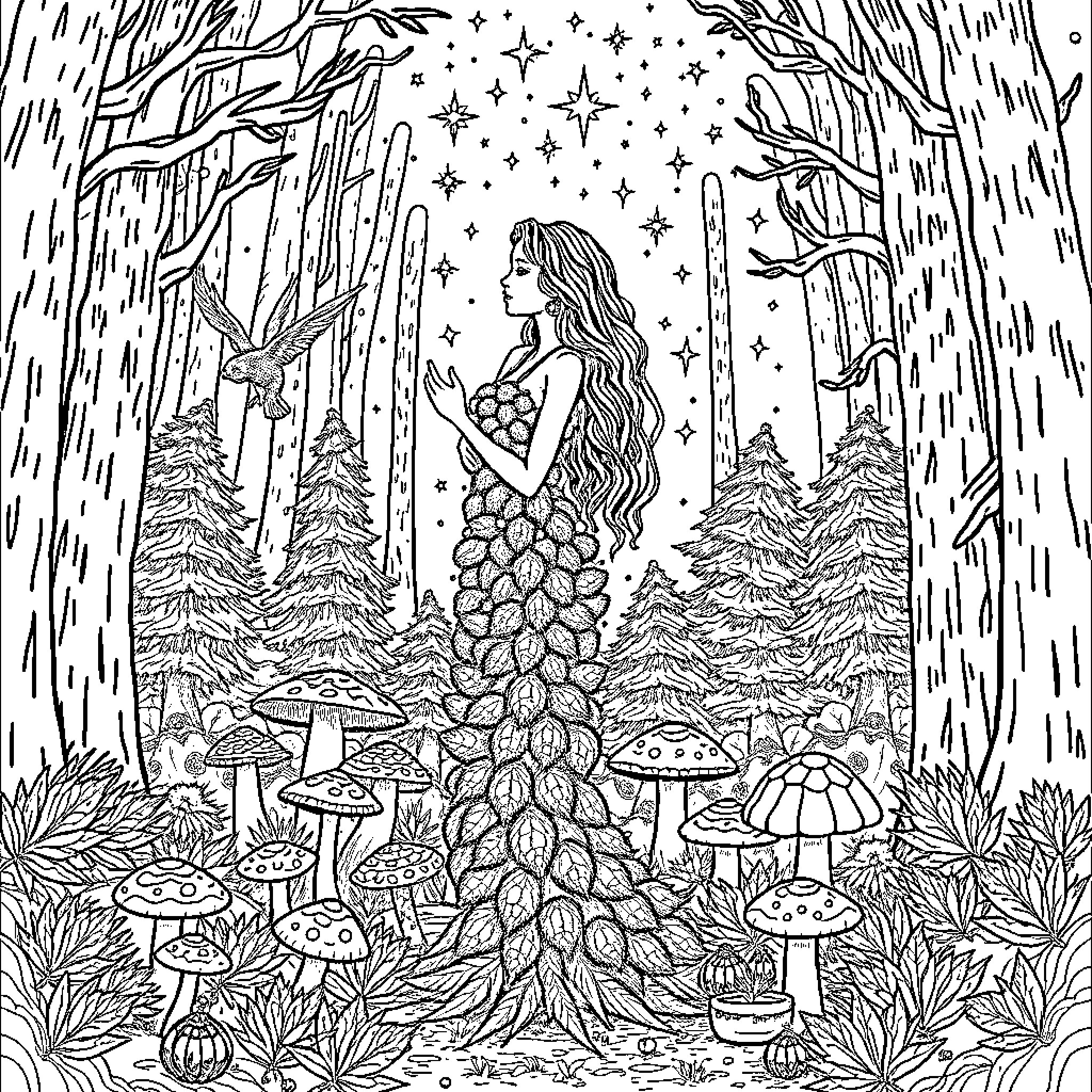 Woman in enchanted forest with magical elements Coloring Page (free black-and-white line drawing printable PDF for all, from beginners to advanced learners, including children, teens, adults, and seniors)