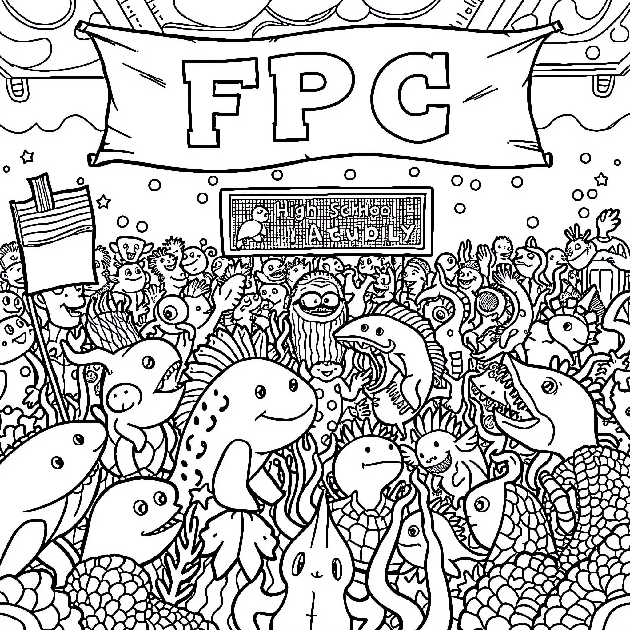 Ocean Creature Carnival with Vibrant Underwater Creatures Coloring Page (free black-and-white line drawing printable PDF for all, from beginners to advanced learners, including children, teens, adults, and seniors)