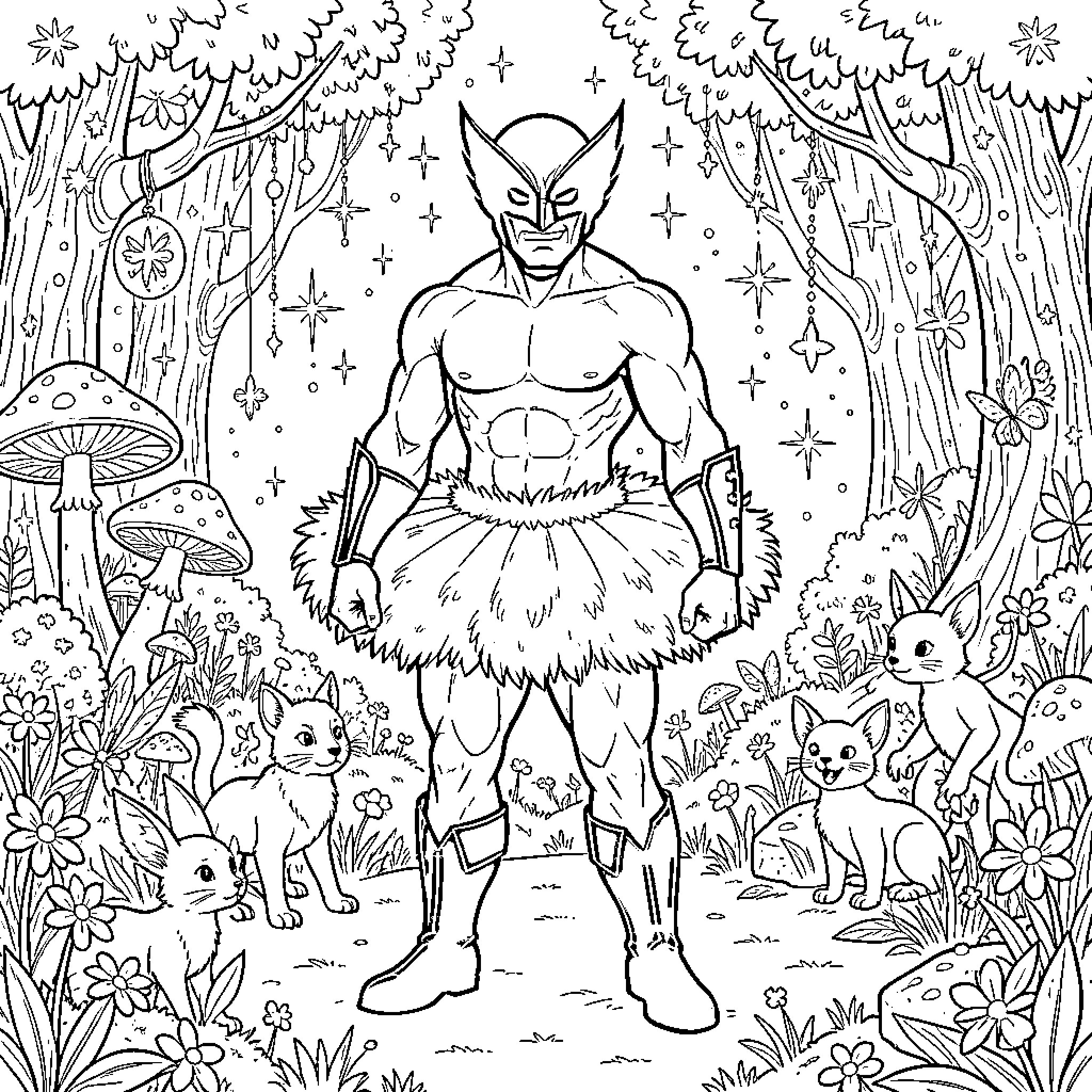Wolverine wearing a grass skirt in a magical forest Coloring Page (free black-and-white line drawing printable PDF for all, from beginners to advanced learners, including children, teens, adults, and seniors)