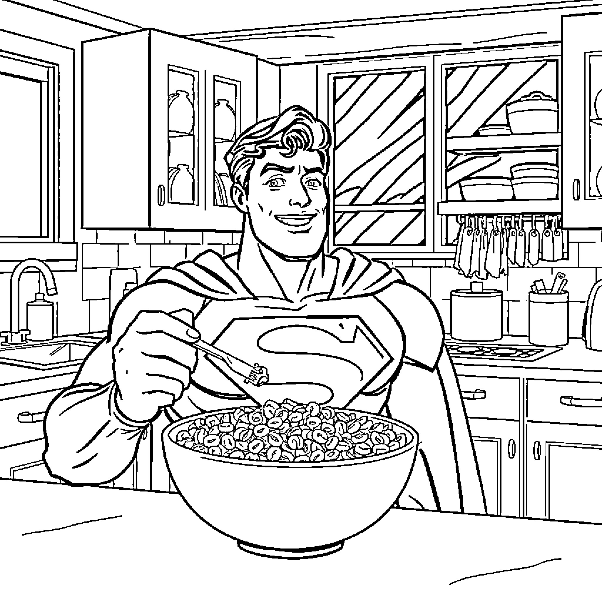 Superman enjoying a tasty breakfast in his kitchen Coloring Page (free black-and-white line drawing printable PDF for all, from beginners to advanced learners, including children, teens, adults, and seniors)