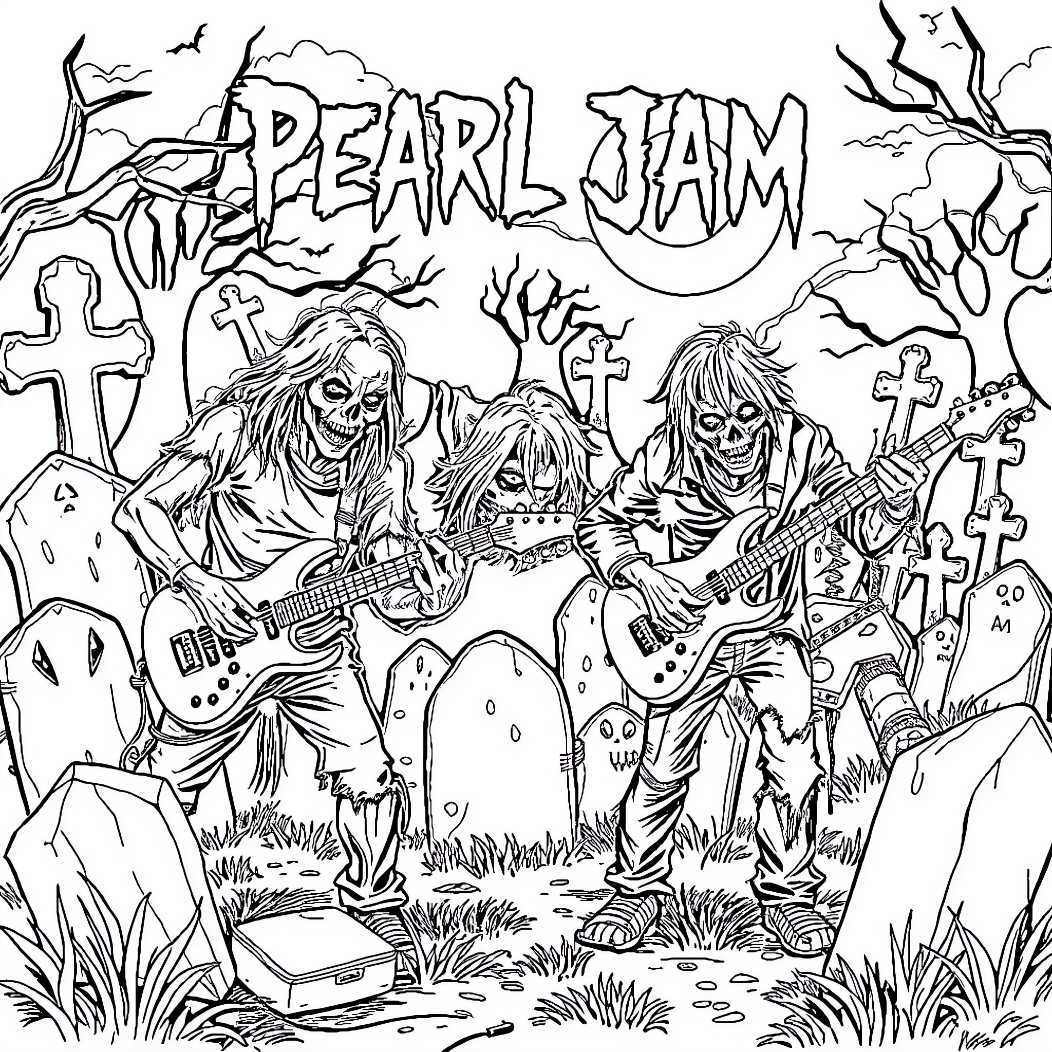 Zombie Band Rocking Out in Graveyard Coloring Page (free black-and-white line drawing printable PDF for all, from beginners to advanced learners, including children, teens, adults, and seniors)