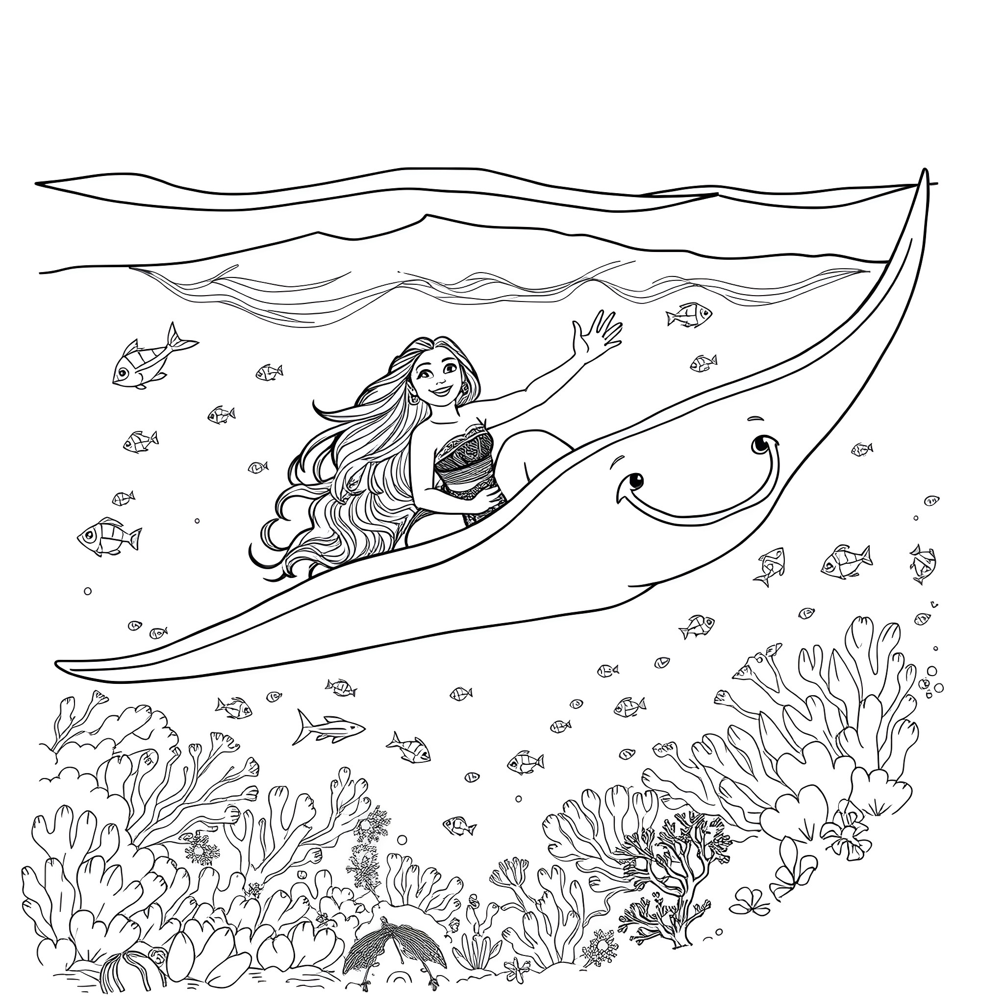 Moana sailing through the waves of the ocean Coloring Page (free black-and-white line drawing printable PDF for all, from beginners to advanced learners, including children, teens, adults, and seniors)